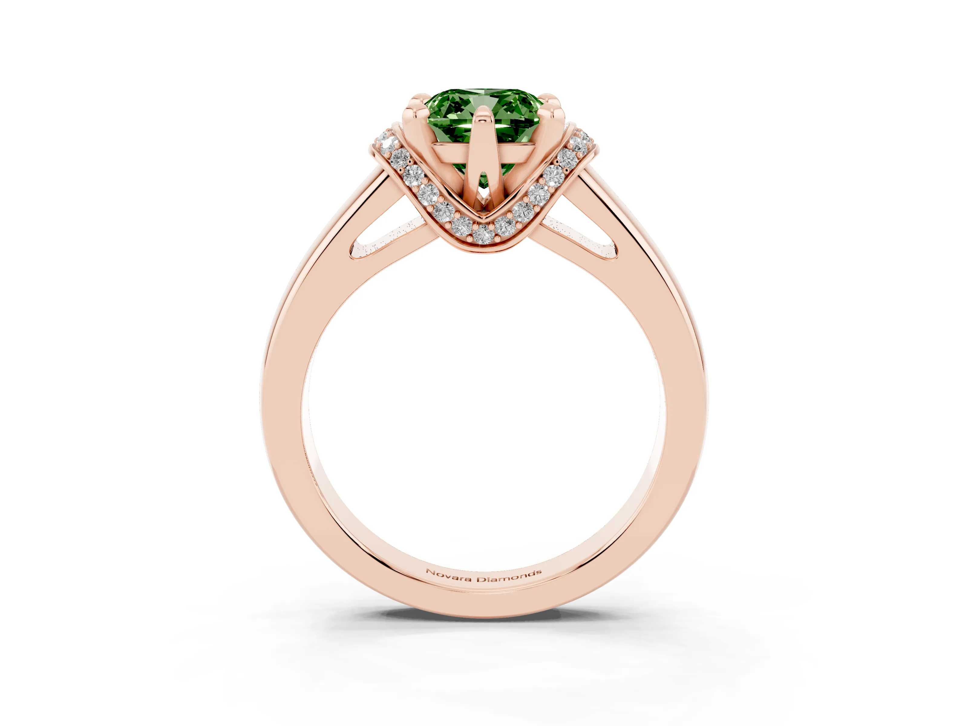 Fancy Green Cushion Cut Diamond Pavé Band Solitaire Ring Set in Rose gold with Prong Setting