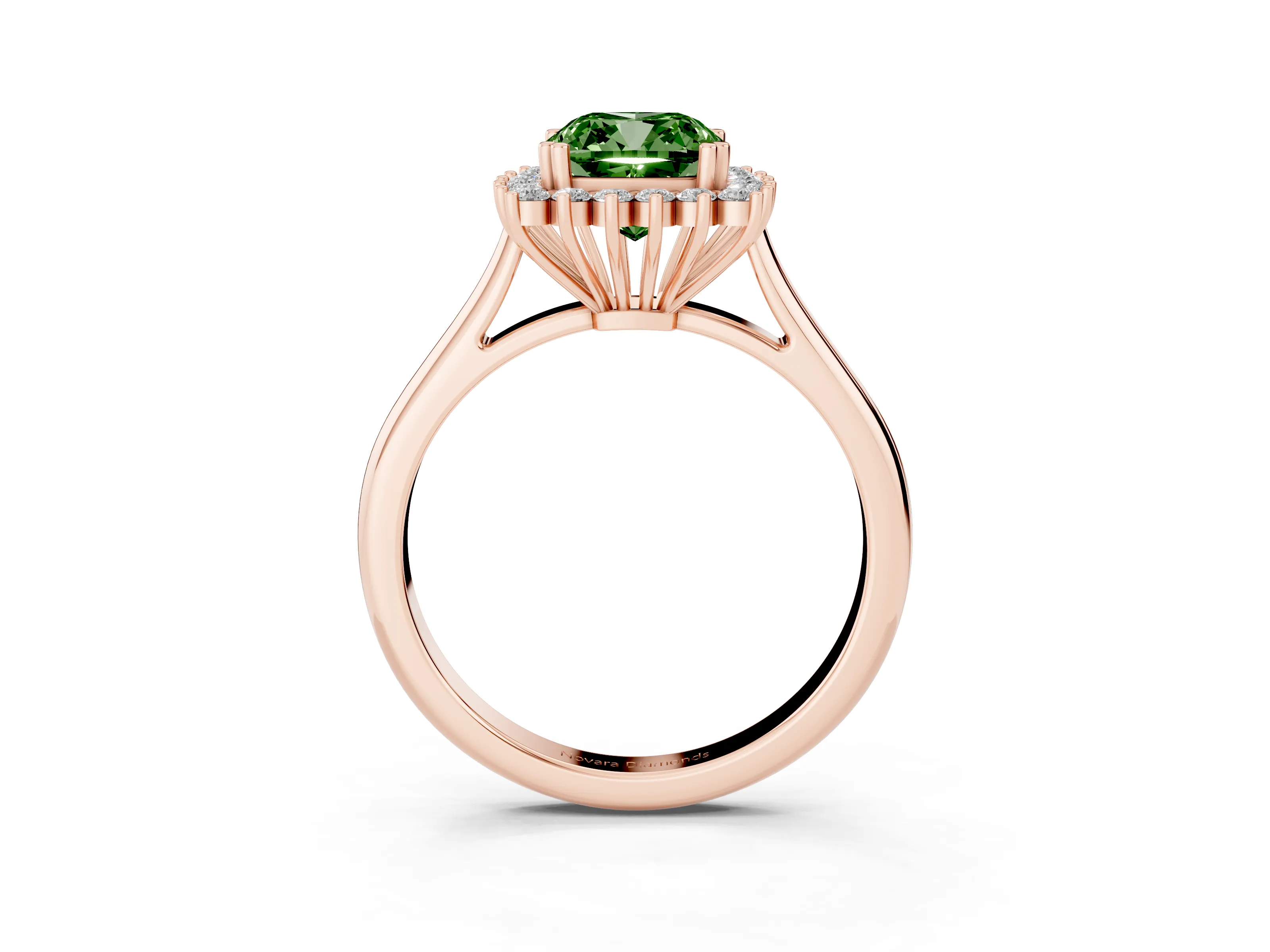 Fancy Green Cushion Cut Diamond Halo Ring Set in Rose gold with Plain Solitaire Band and Prong Setting