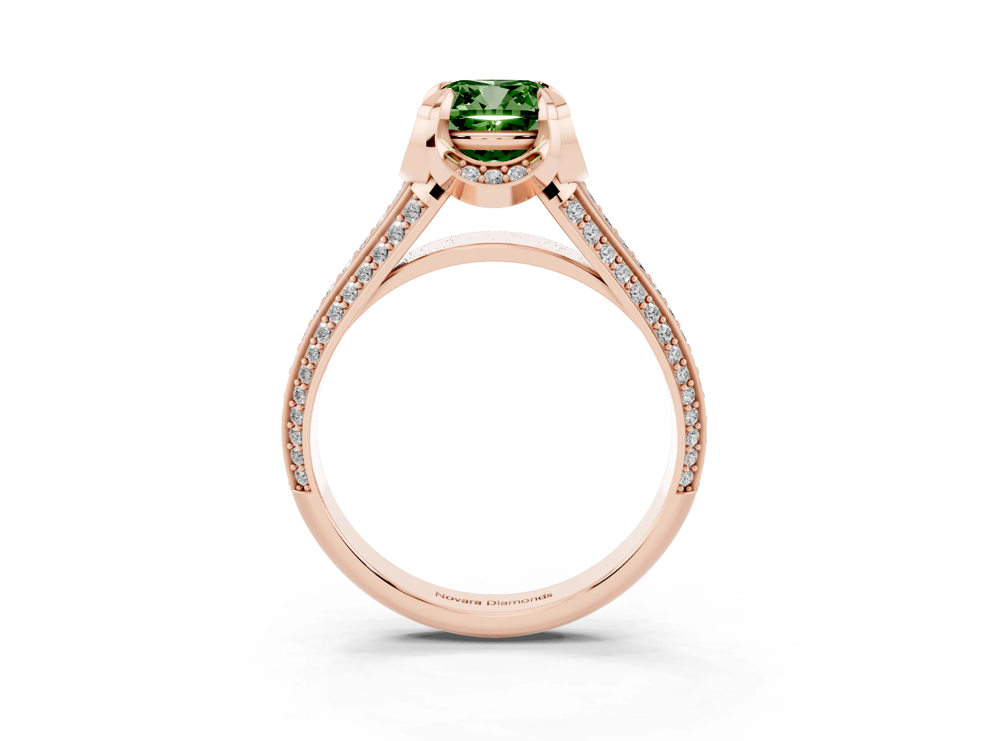 Fancy Green Cushion Cut Diamond Pavé Split Shank Solitaire Ring Set in Rose gold with Prong Setting