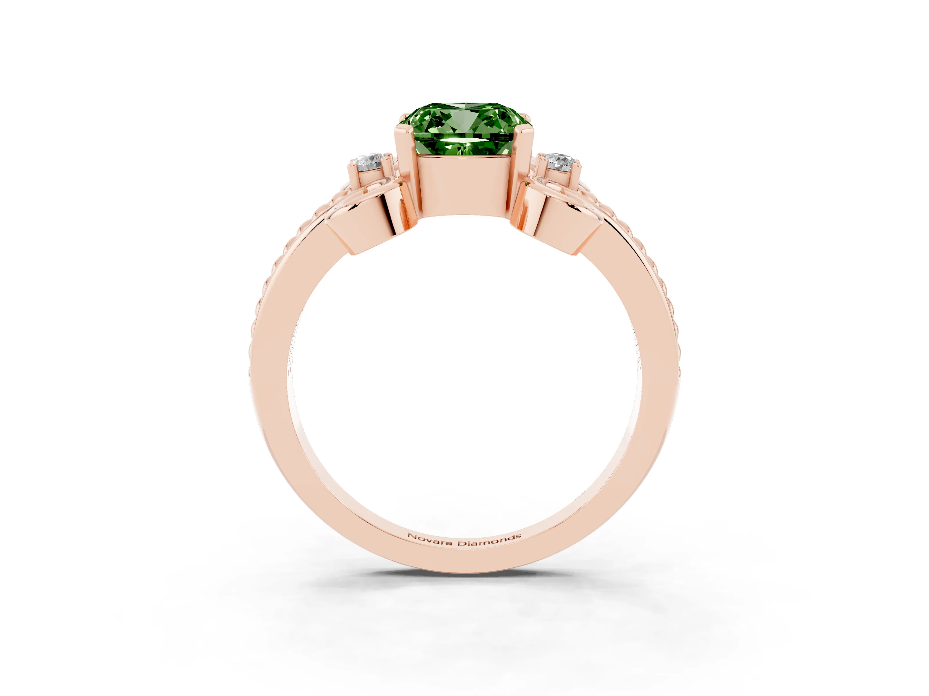 Fancy Green Cushion Cut Diamond Twisted Band Solitaire Ring Set in Rose gold with Scroll Prongs