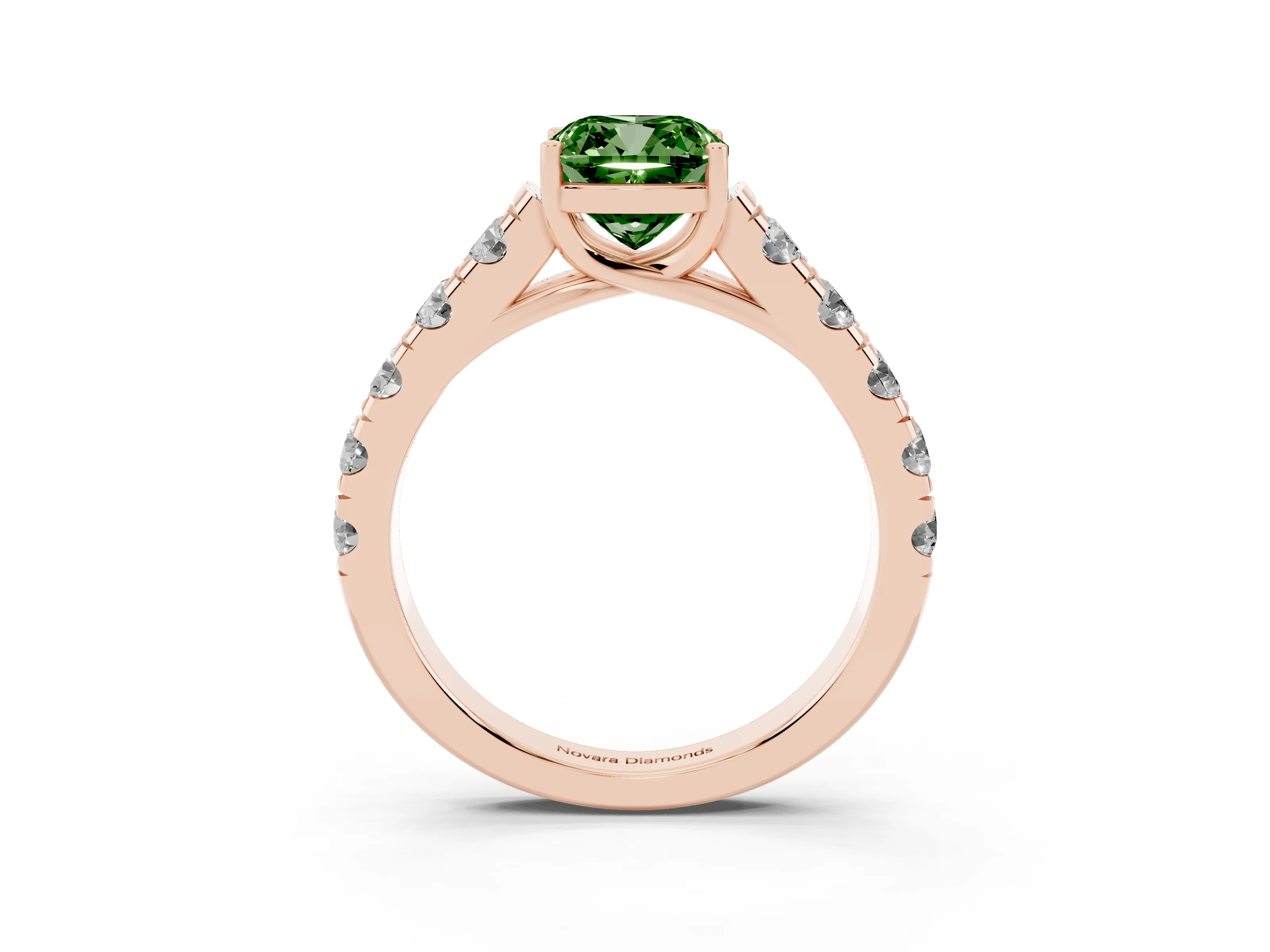 Fancy Green Cushion Cut Diamond Solitaire Ring Set in Rose gold with Cut-Down Micro Pavé Band and Prong Setting