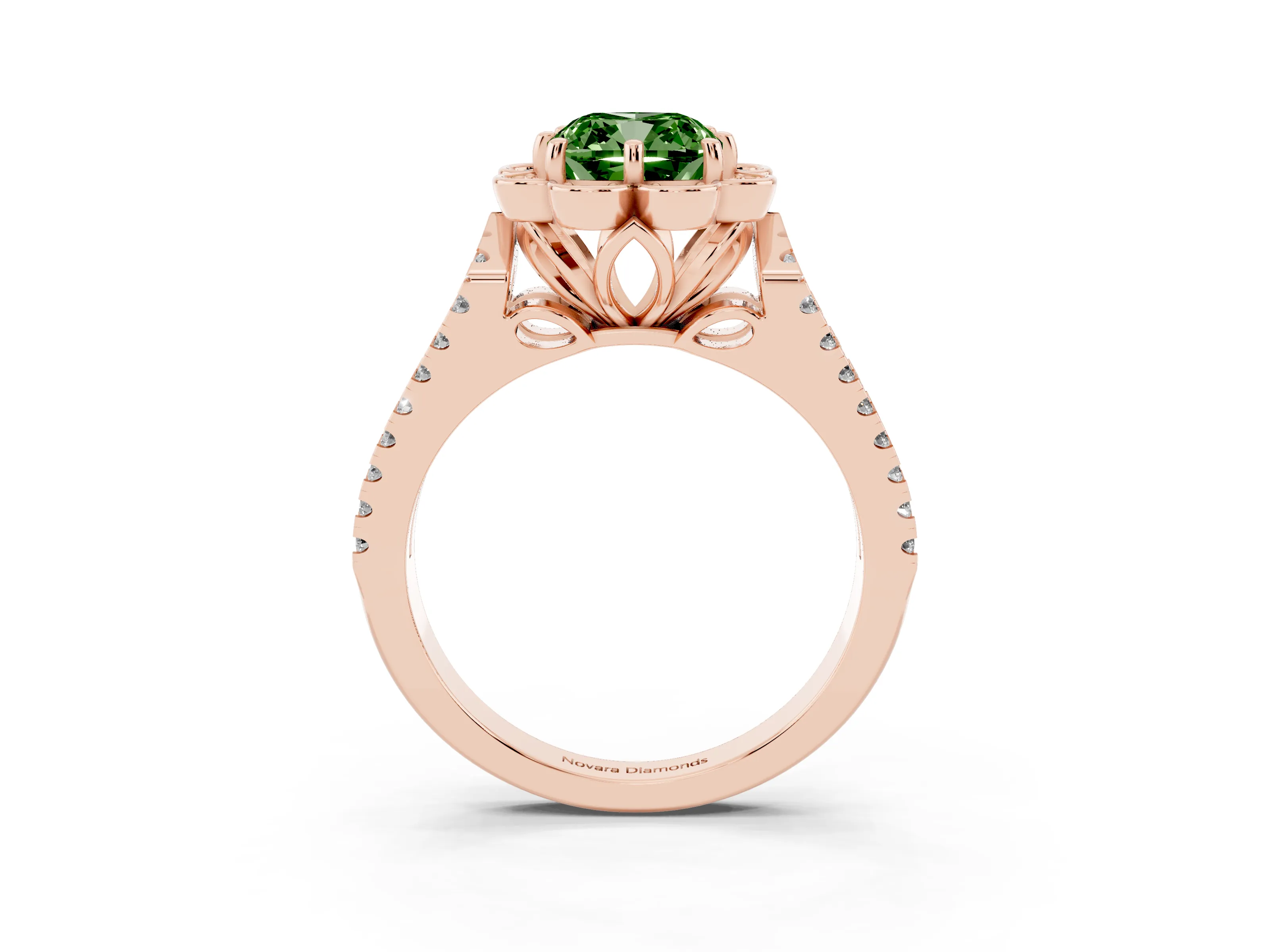 Fancy Green Cushion Cut Diamond Floral Halo Split Shank Engagement Ring Set in Rose gold with Pavé Shank