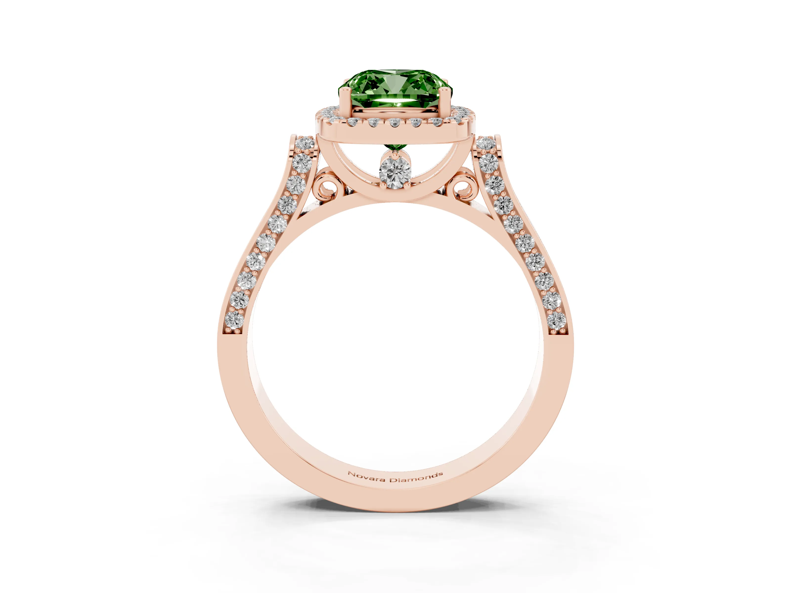 Fancy Green Cushion Cut Diamond Halo Ring Set in Rose gold with Pavé-Lined Split Shank Band