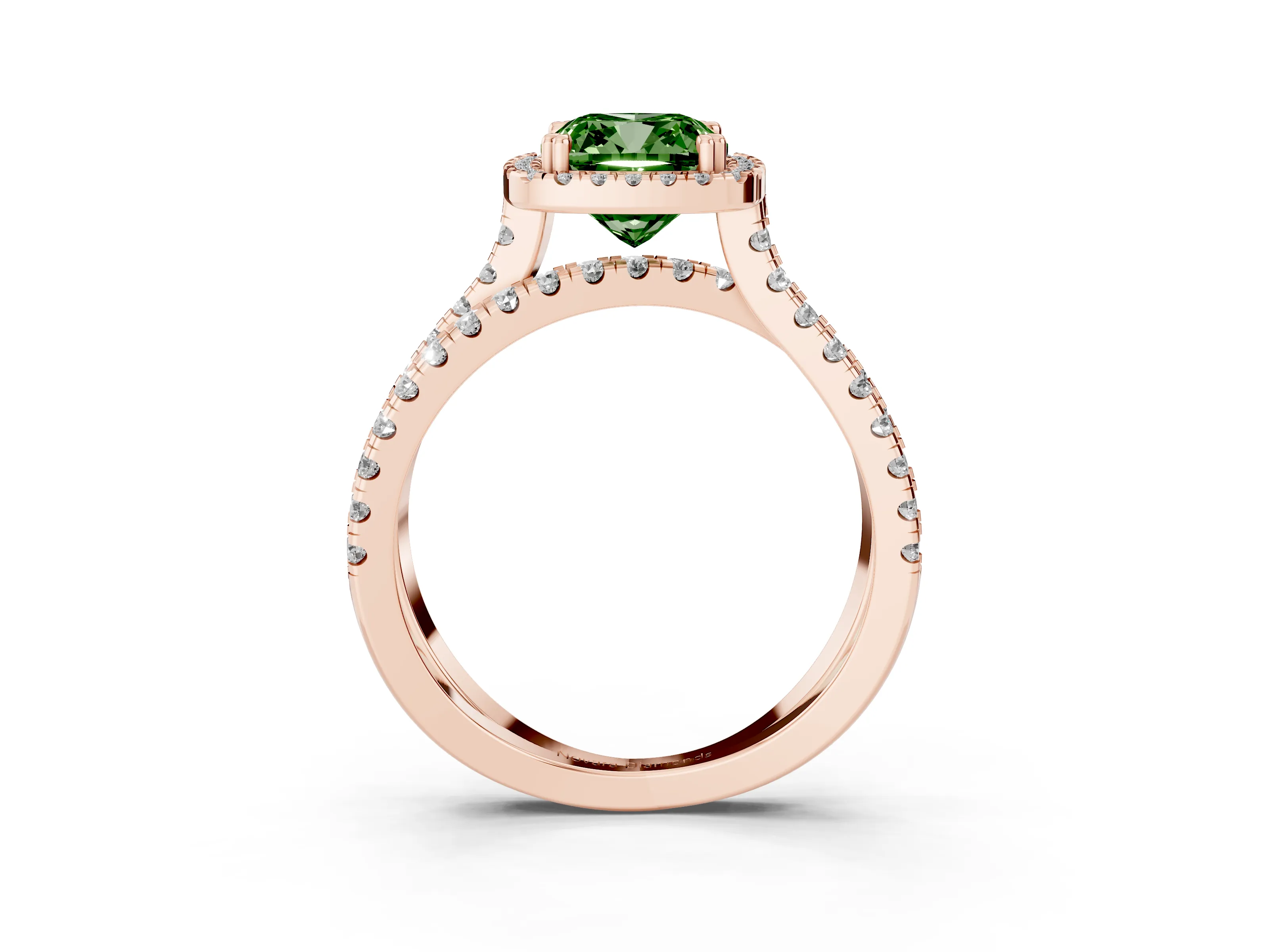 Fancy Green Cushion Cut Diamond Halo Split Shank Ring Set in Rose gold with Pavé Setting