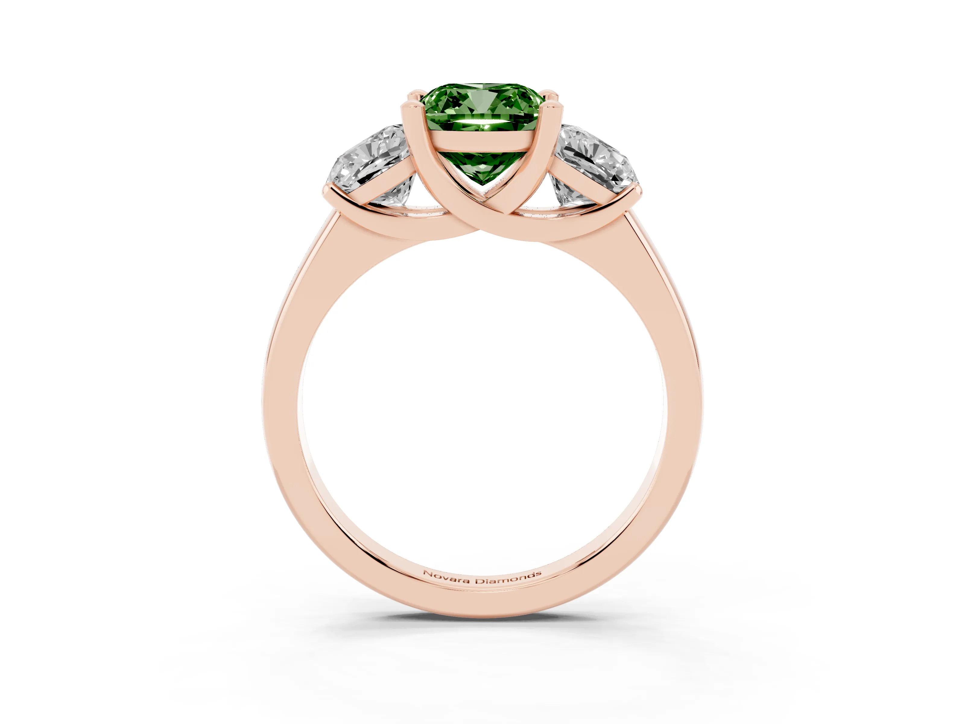 Fancy Green Cushion Cut Diamond Three-Stone Ring Set in Rose gold with Classic Prong Setting and Plain Band