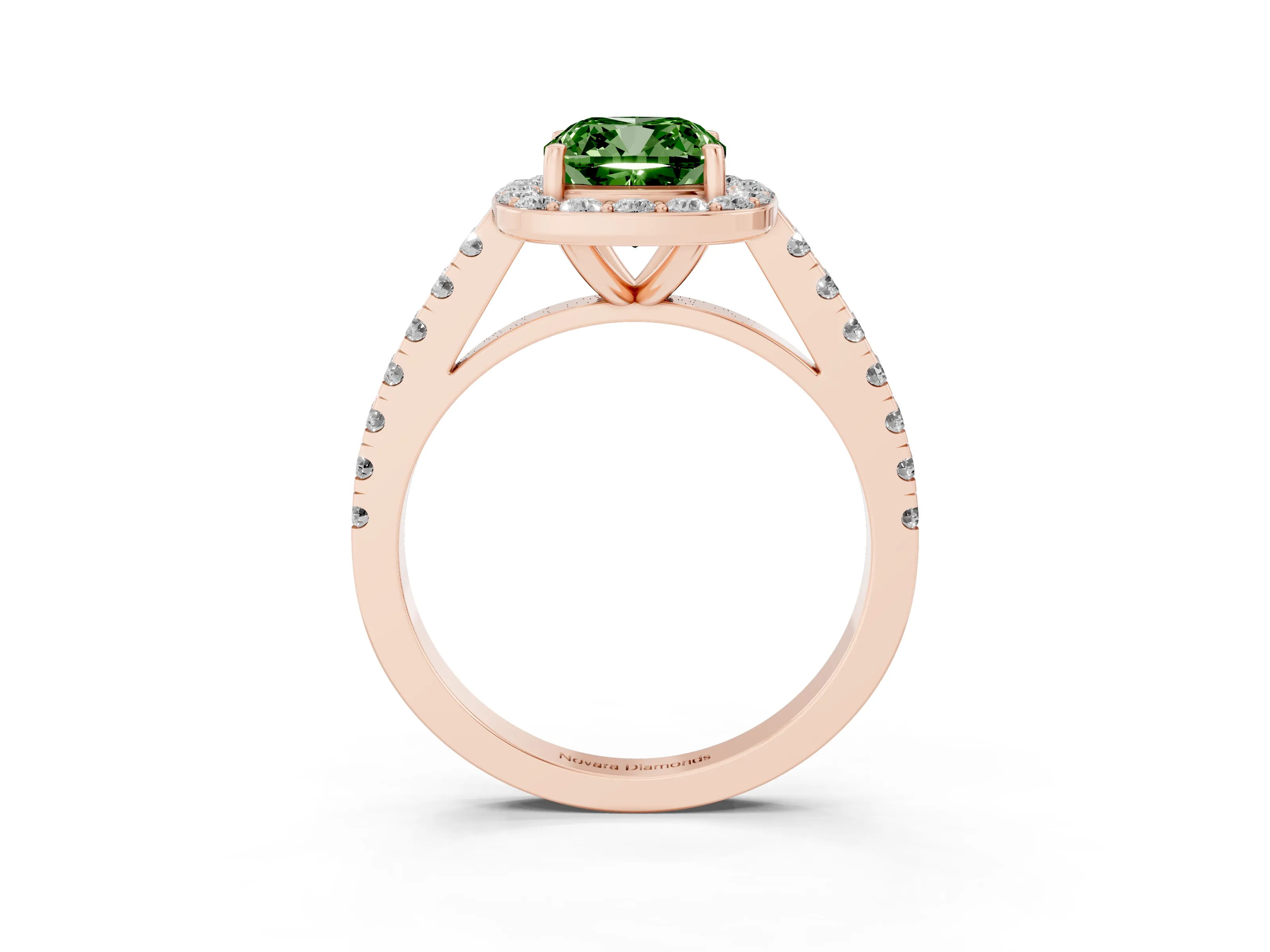 Fancy Green Cushion Cut Diamond Halo Ring Set in Rose gold with Round Pavé Split Shank and Prong Setting