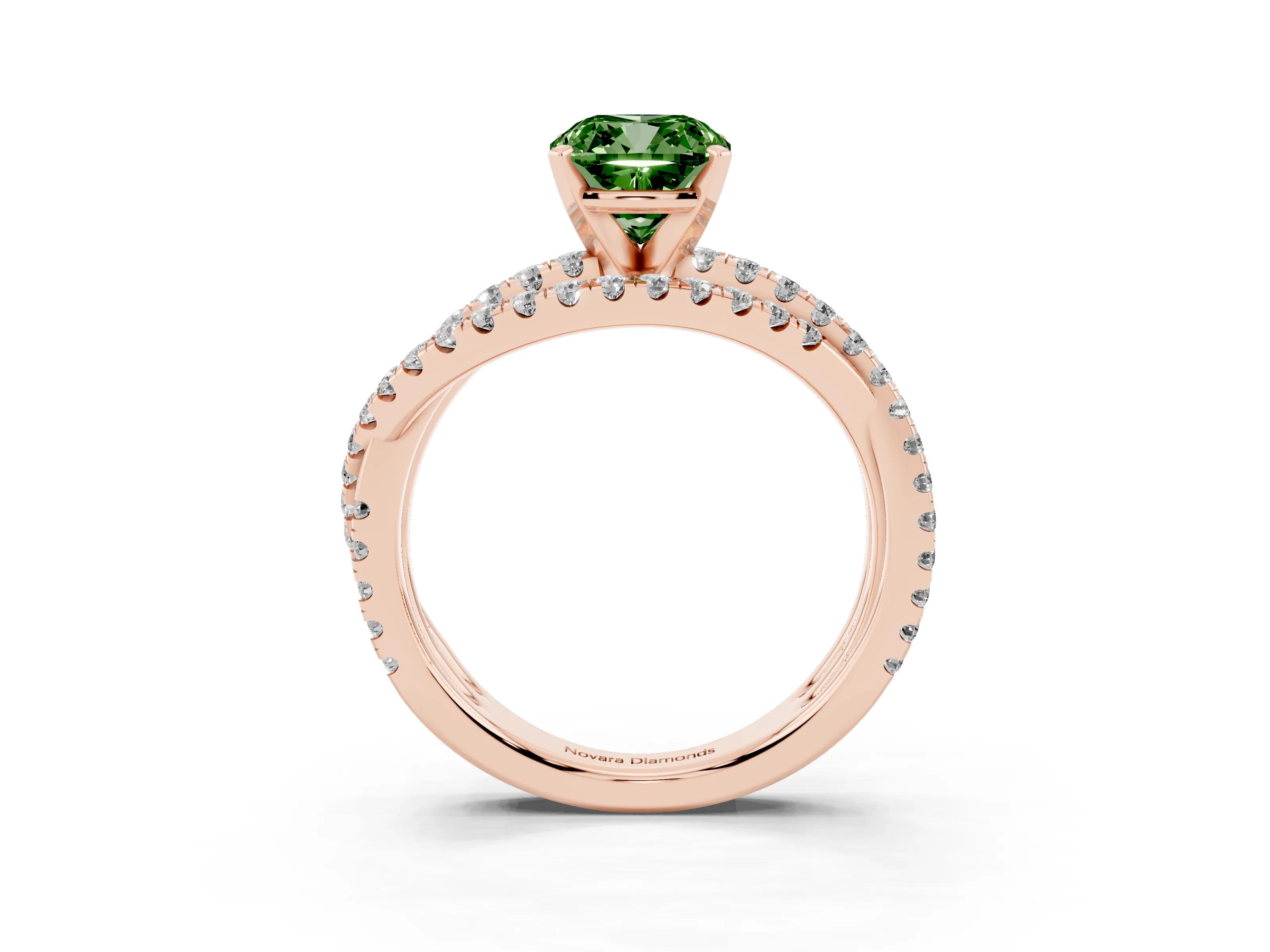 Fancy Green Cushion Cut Diamond Solitaire Twist Band Ring Set in Rose gold with Pavé Setting and Prong Head