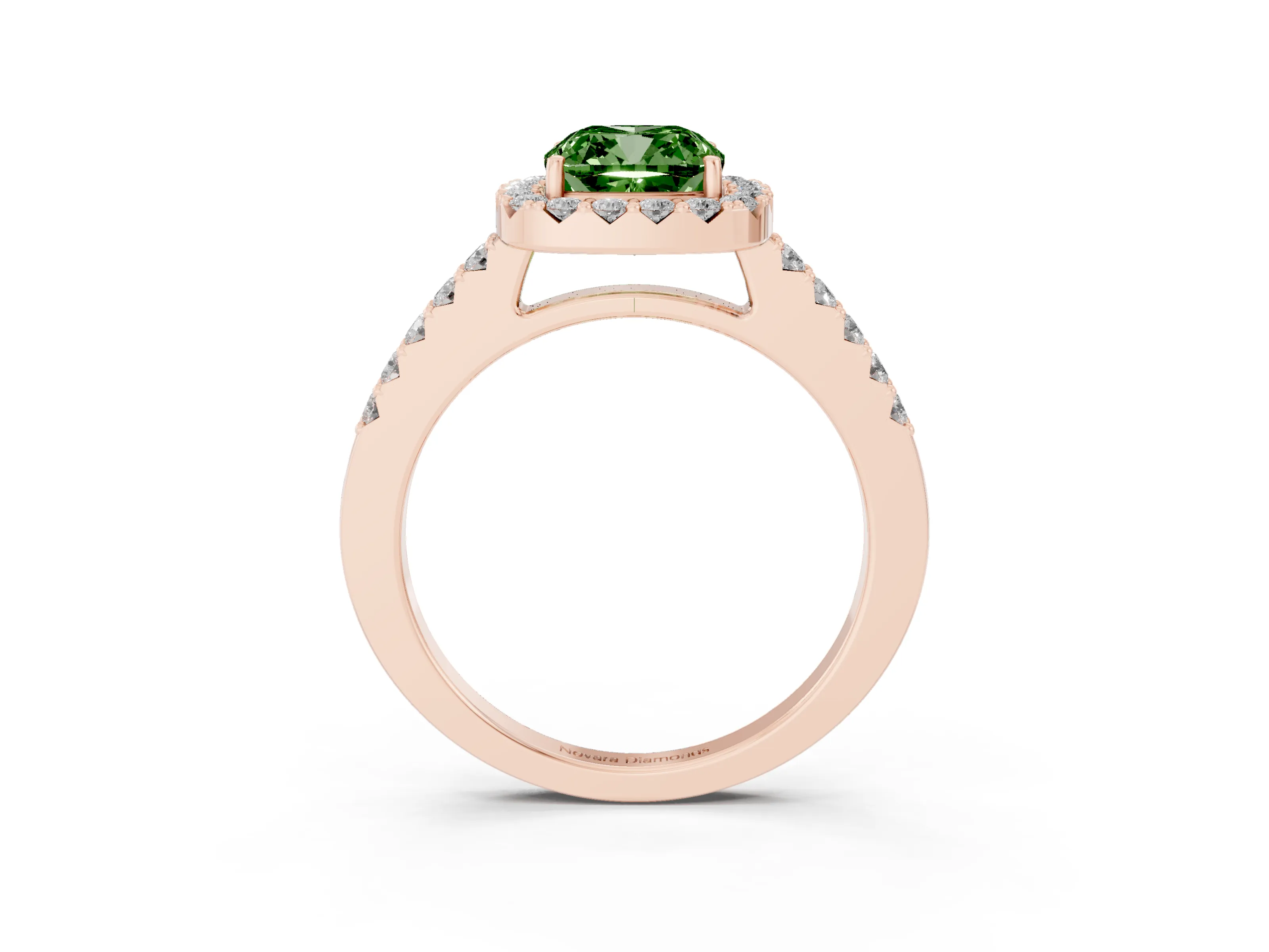 Fancy Green Cushion Cut Diamond Halo Pavé Solitaire Ring Set in Rose gold with Prong-Set Center Stone