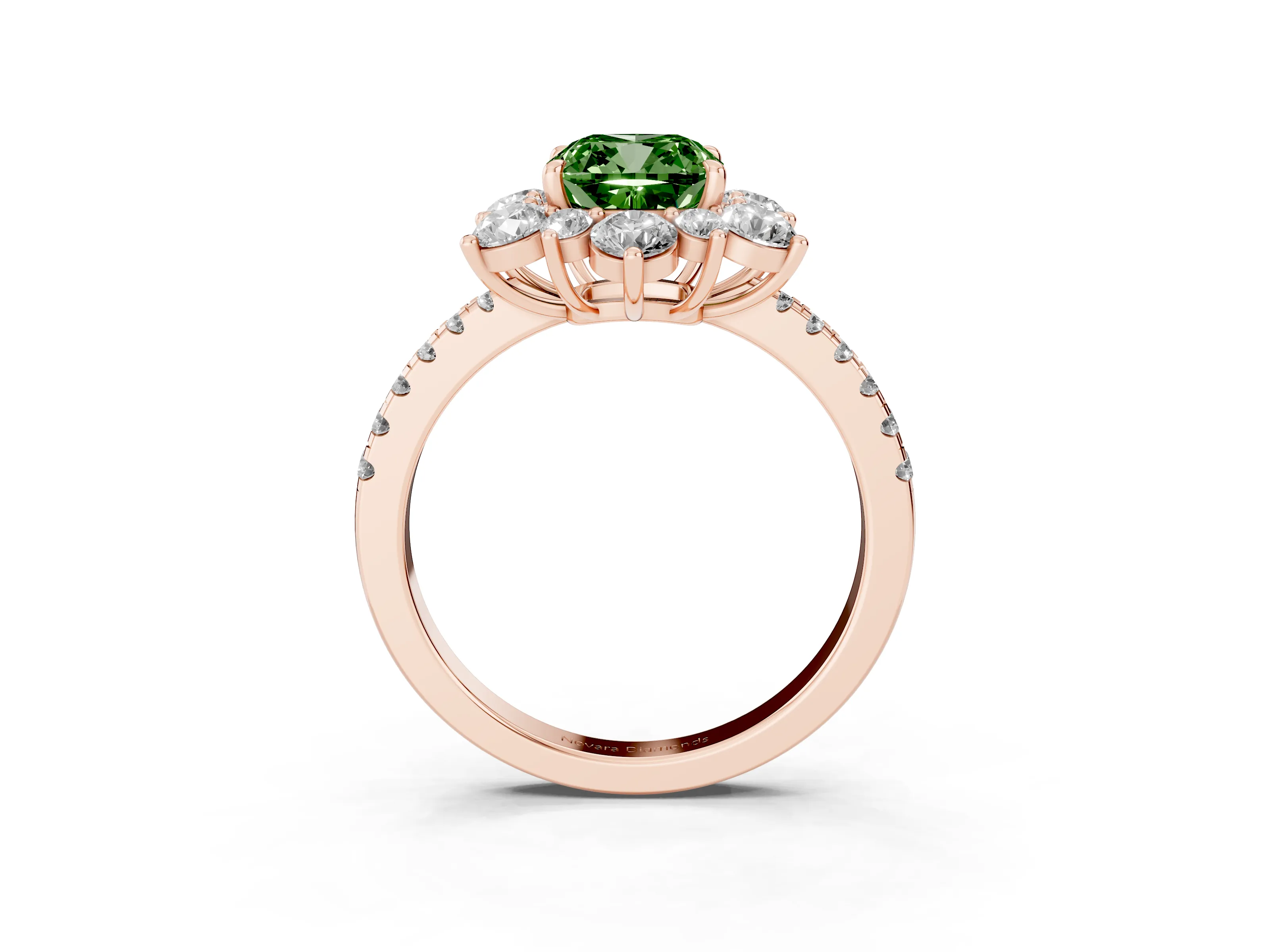 Fancy Green Cushion Cut Diamond Floral Halo Ring Set in Rose gold with Round Pavé Band and Prong Setting