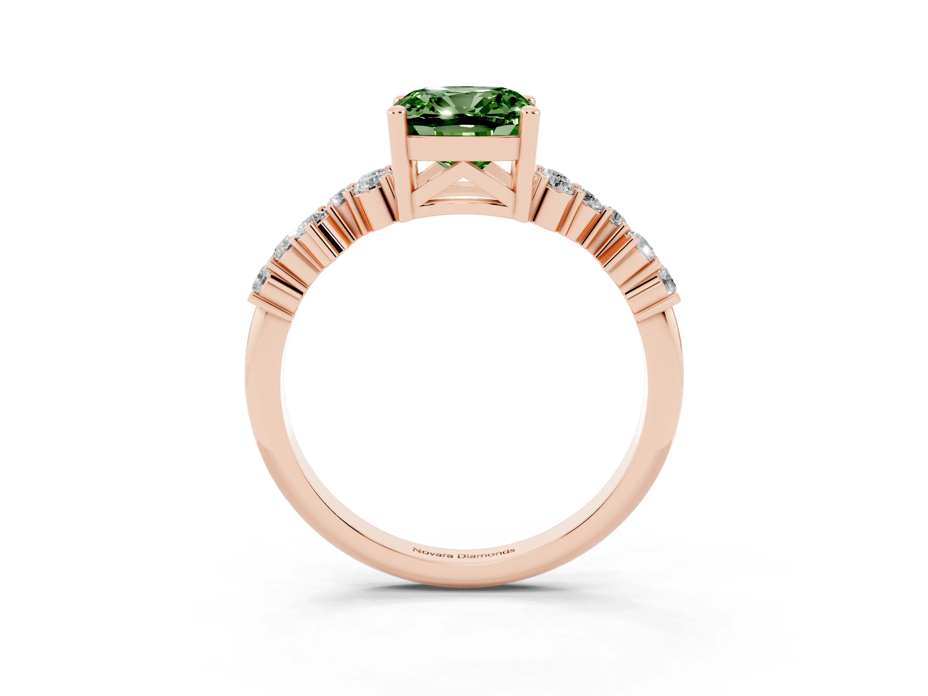 Fancy Green Cushion Cut Diamond Ring Set in Rose gold with Scattered Round Accents