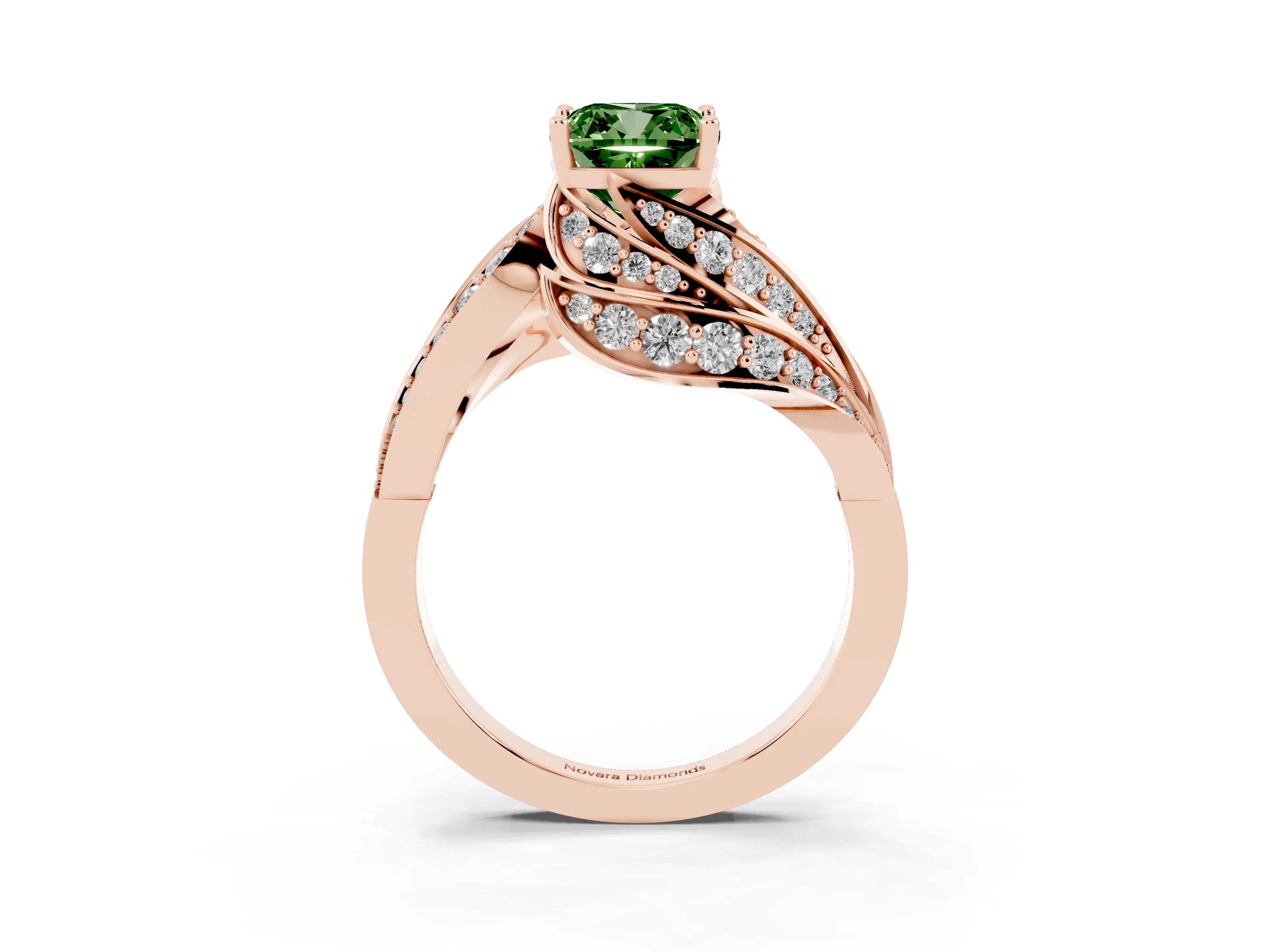Fancy Green Cushion Cut Diamond Solitaire Ring Set in Rose gold with Layered Twist Pavé Band