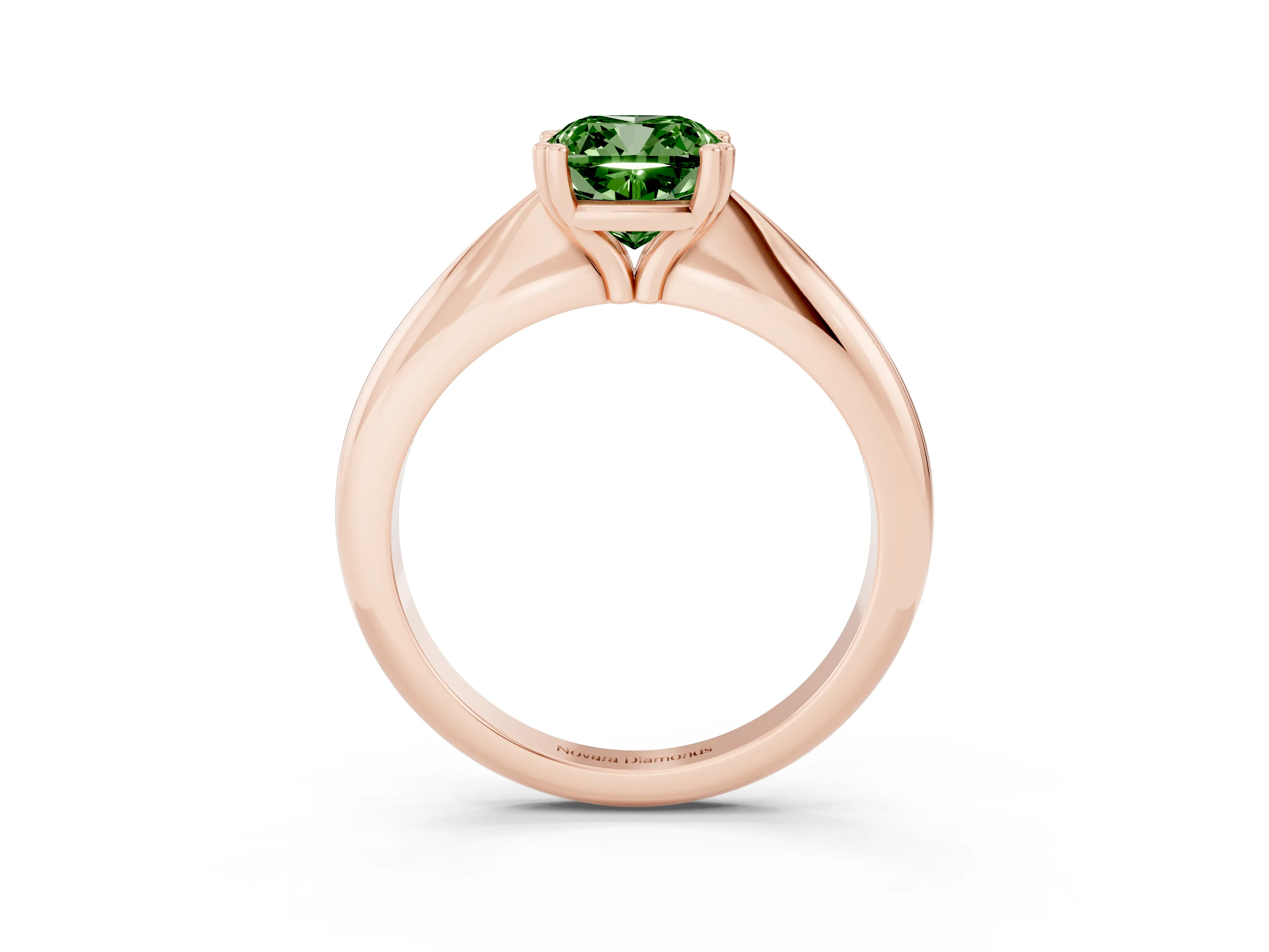 Fancy Green Cushion Cut Diamond Solitaire Engagement Ring Set in Rose gold with Tapered Band and Prong Setting
