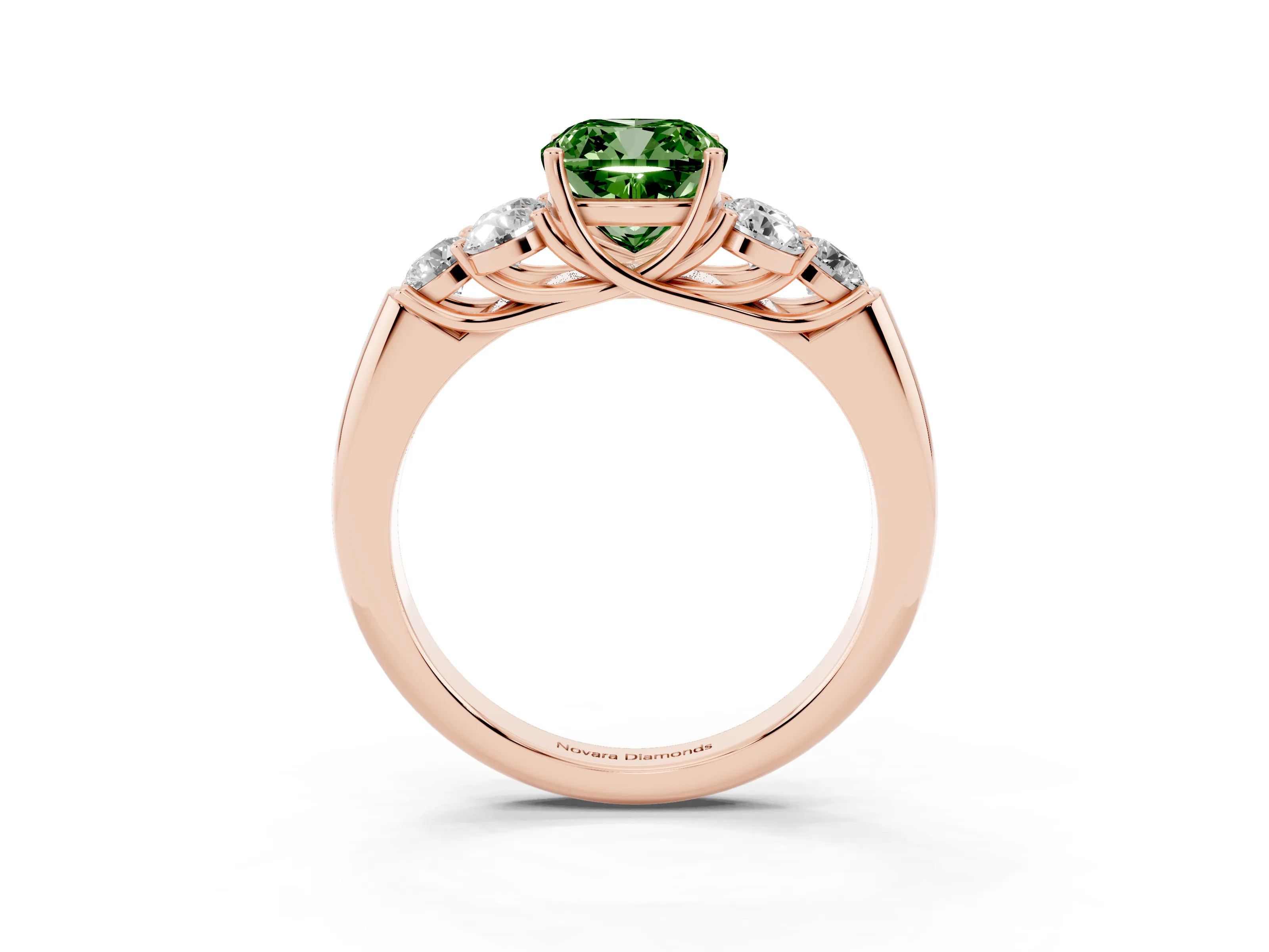 Fancy Green Cushion Cut Diamond Cluster Ring Set in Rose gold with Round Accent Stones and Prong Setting on a Plain Band