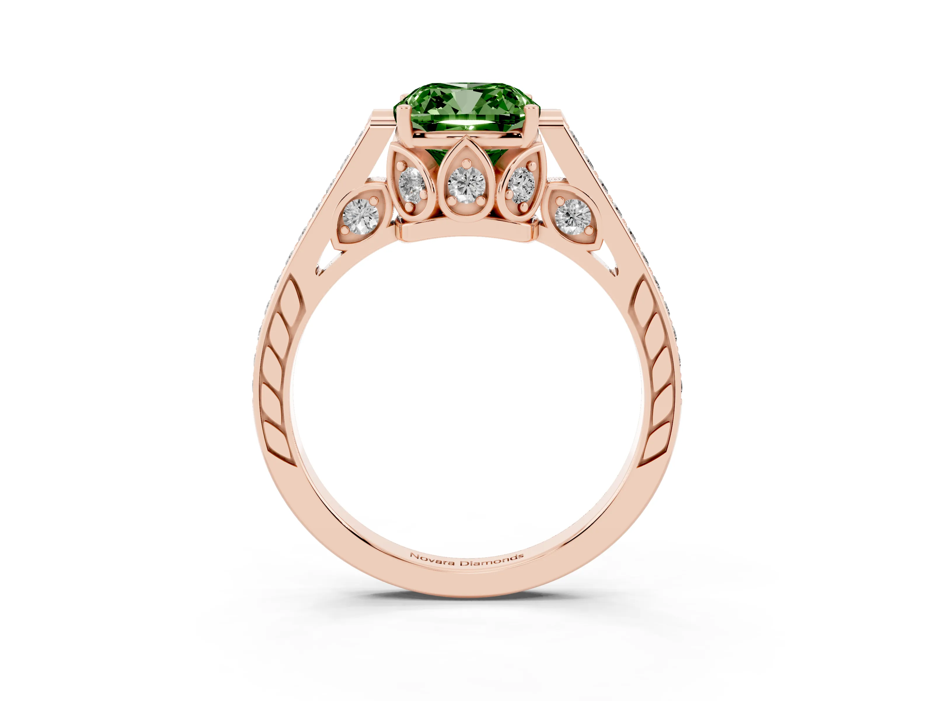 Fancy Green Cushion Cut Diamond Cathedral Pavé Engagement Ring Set in Rose gold with Prong Setting