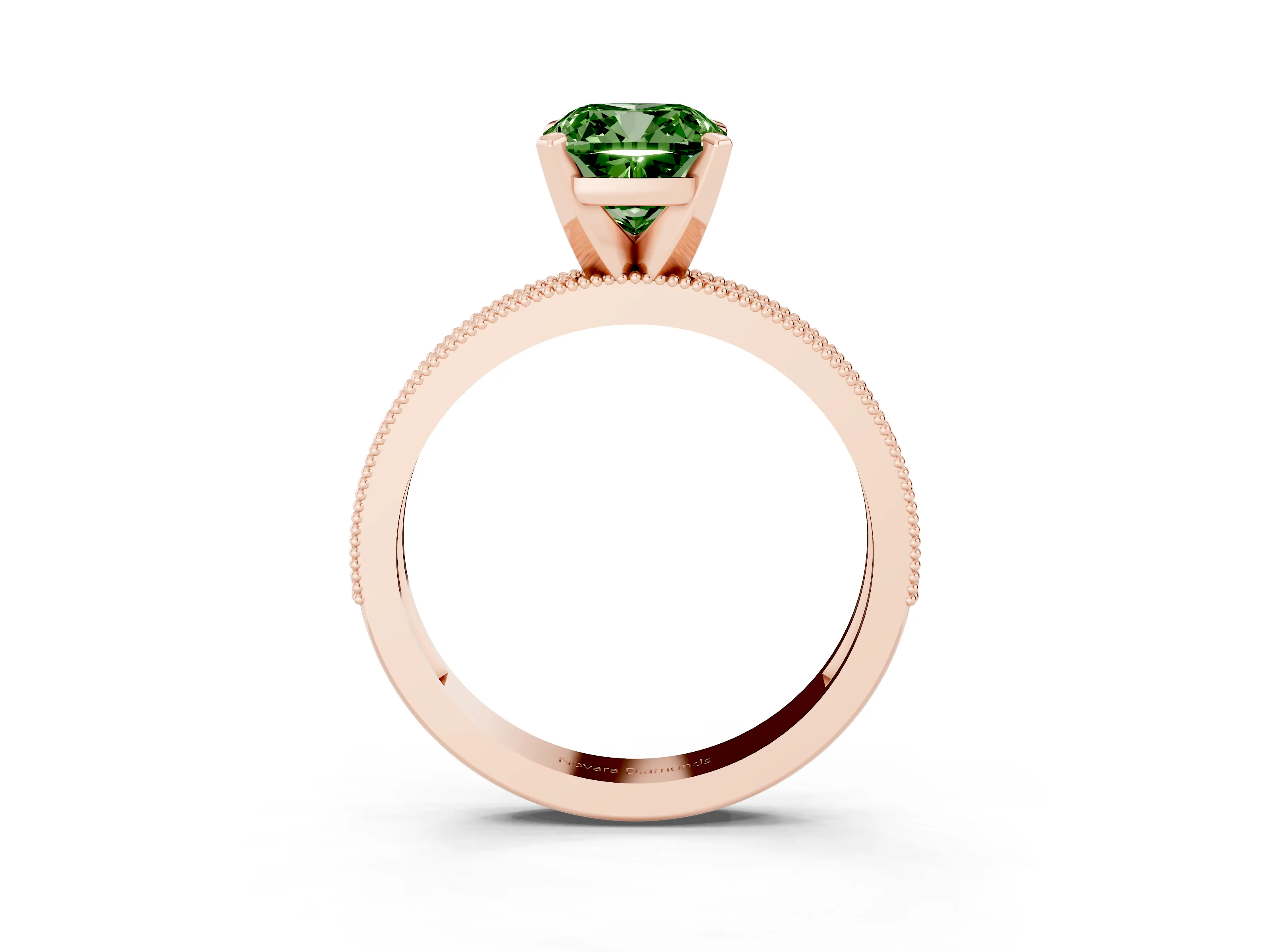 Fancy Green Cushion Cut Diamond Milgrain Pavé Engagement Ring Set in Rose gold with Prong Setting