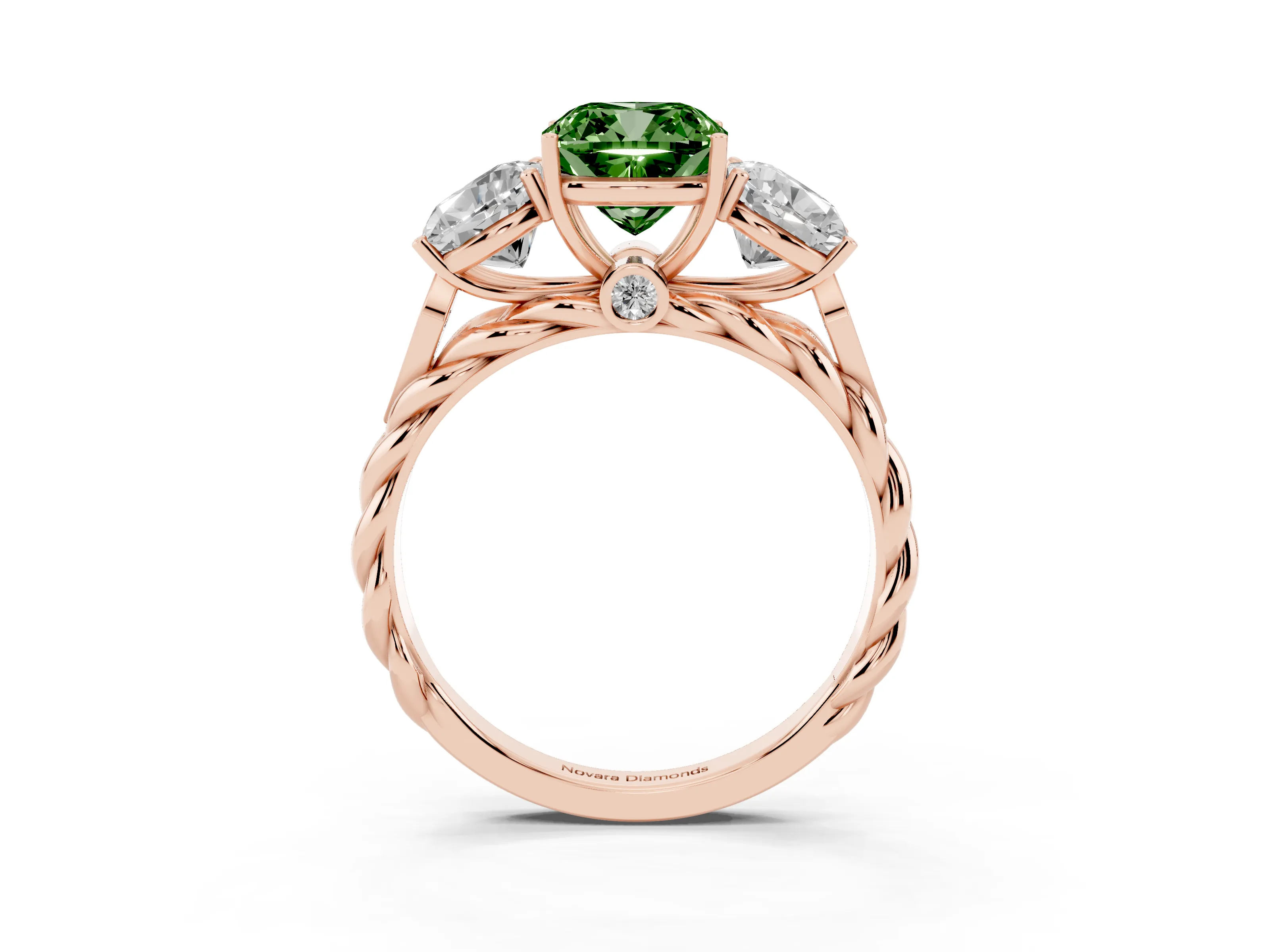 Fancy Green Cushion Cut Diamond Three-Stone Ring Set in Rose gold with Braided Band