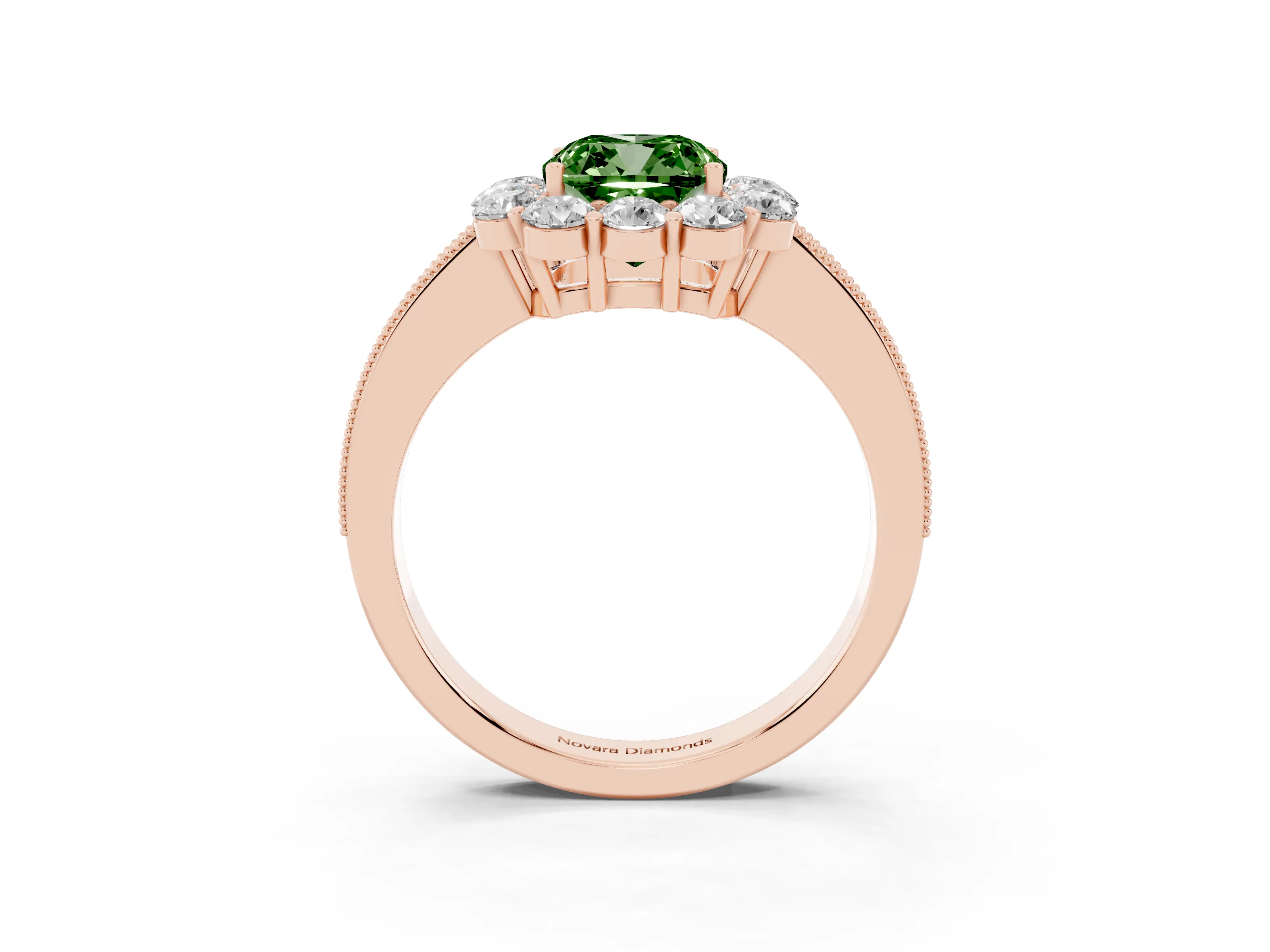 Fancy Green Cushion Cut Diamond Halo Pavé Engagement Ring Set in Rose gold with Milgrain Detailing