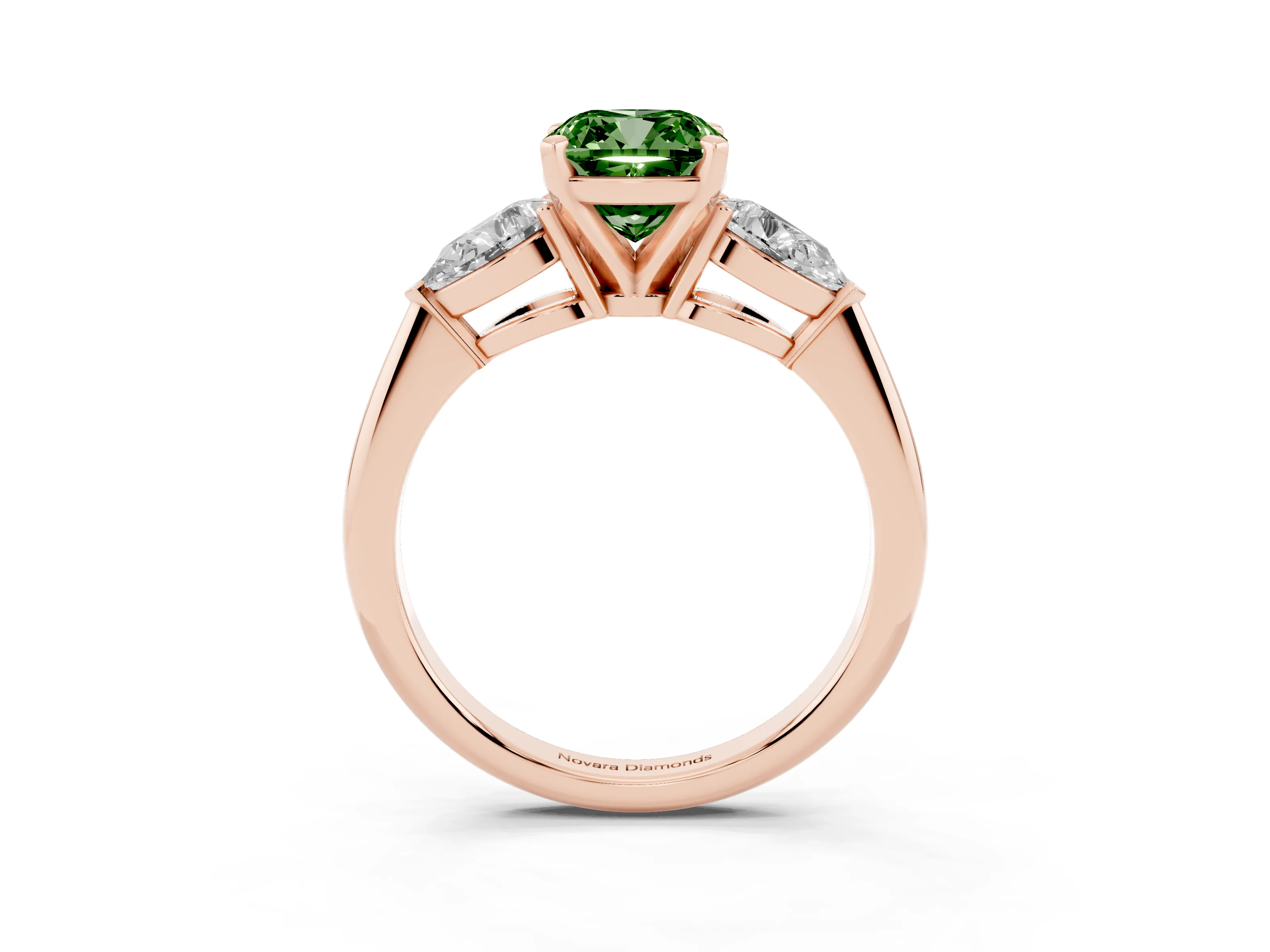 Fancy Green Three-Stone Cushion Cut Diamond Ring Set in Rose gold with Pear Side Stones and Prong Setting