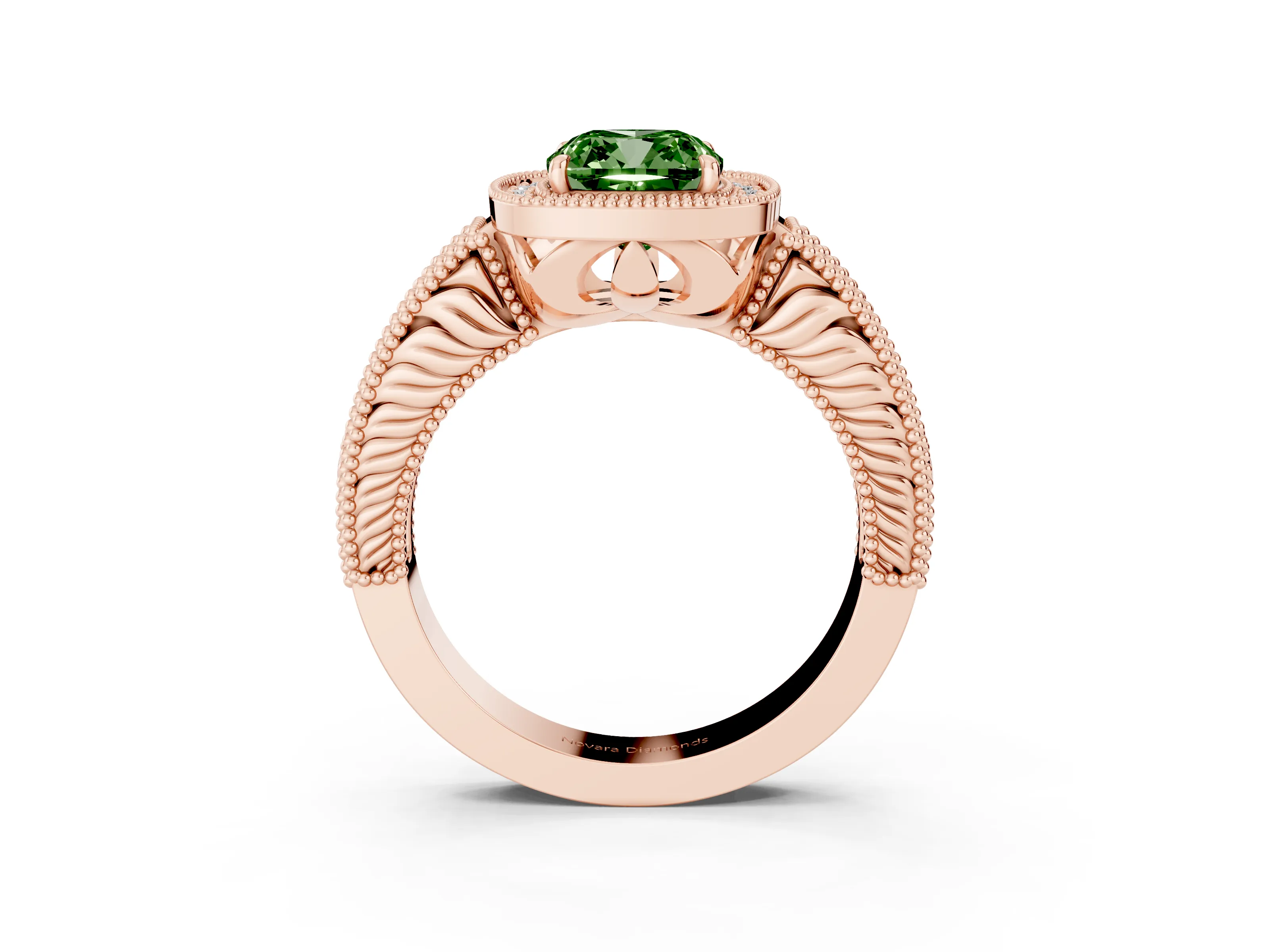Fancy Green Cushion Cut Diamond Halo Ring Set in Rose gold with Round Accent Halo, Pavé Band and Prong Setting
