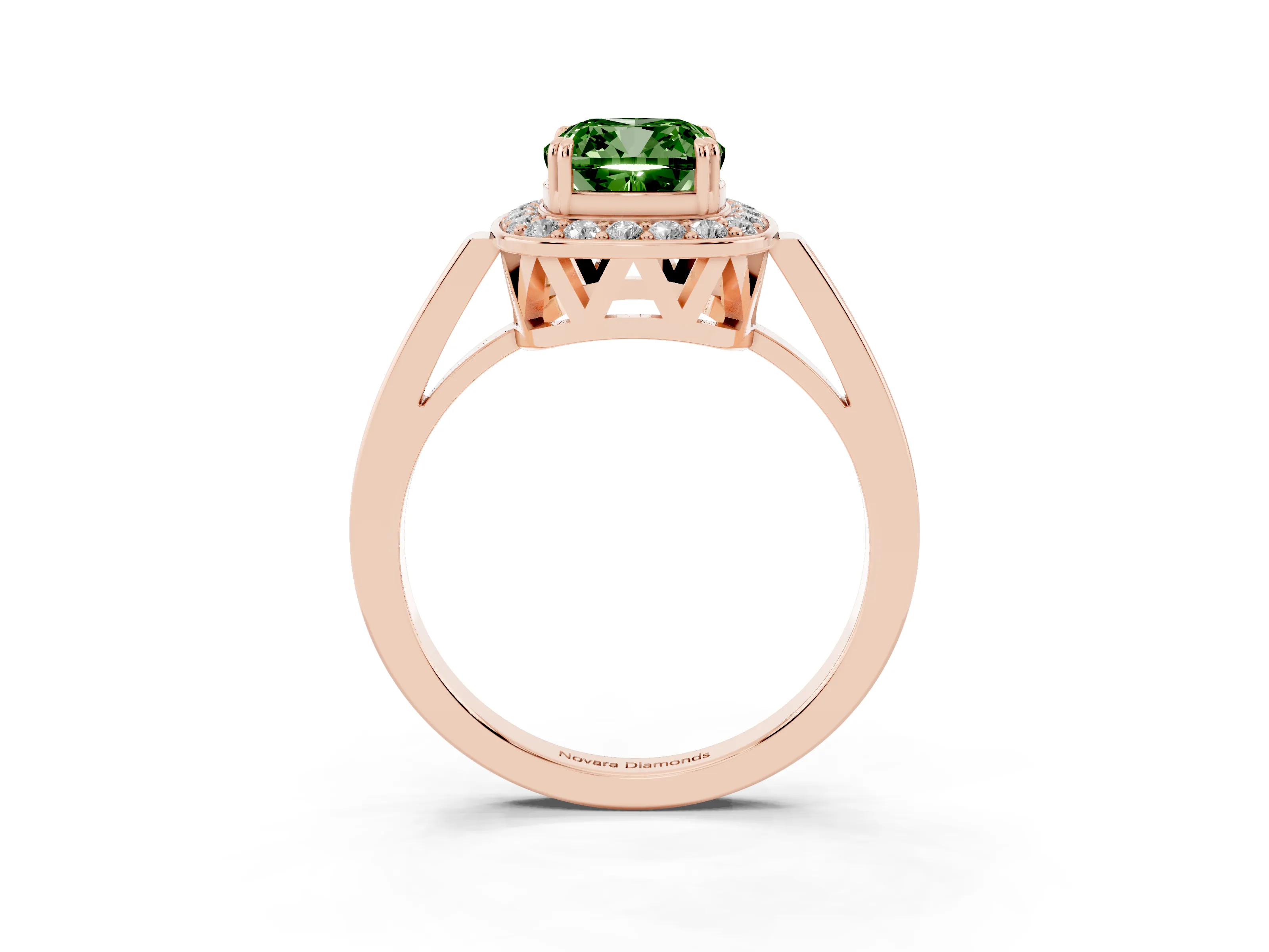 Fancy Green Cushion Cut Diamond Halo Ring Set in Rose gold with Accent-Lined Split Shank and Prong Setting