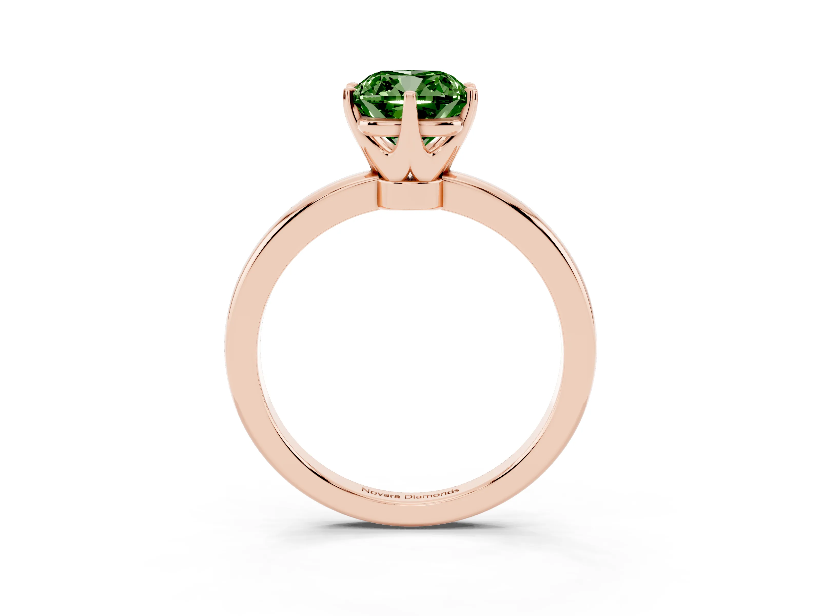 Fancy Green Cushion Cut Diamond Solitaire Ring Set in Rose gold with Raised Prong Setting on a Classic Band