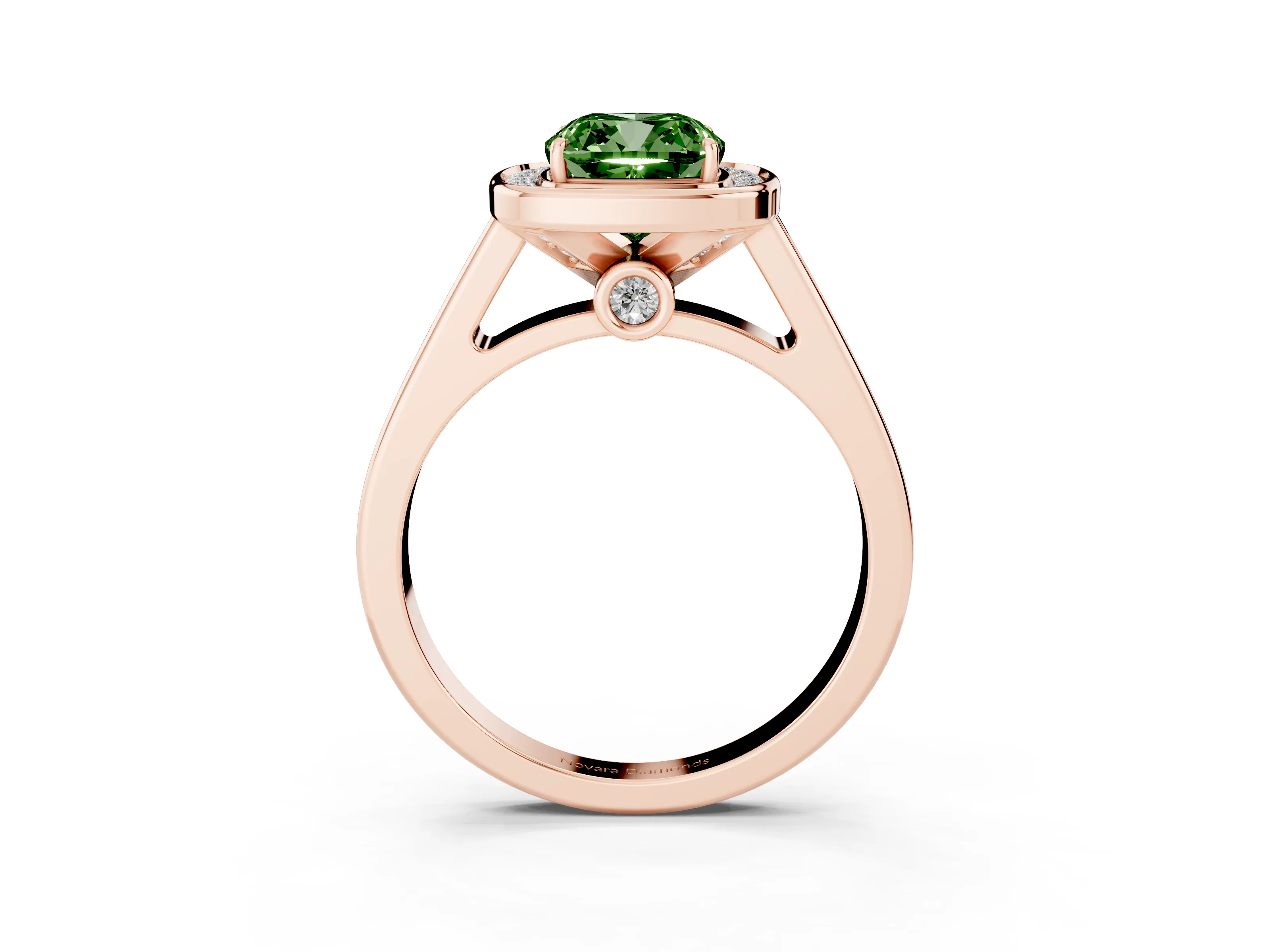 Fancy Green Cushion Cut Diamond Halo Solitaire Ring Set in Rose gold with Pavé Band and Bezel Setting