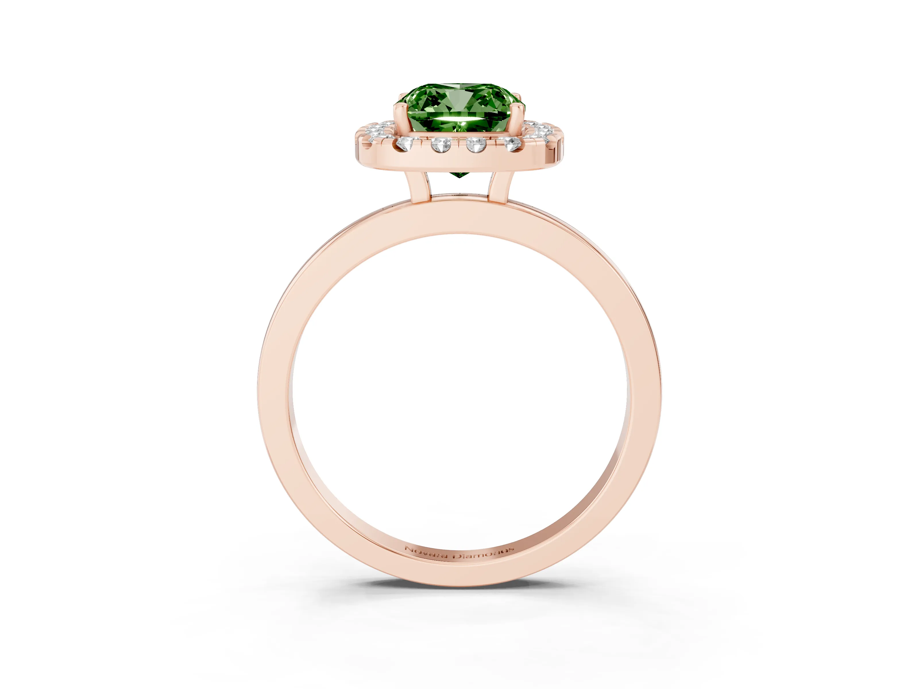 Fancy Green Cushion Cut Diamond Halo Solitaire Ring Set in Rose gold with Pavé Band and Prong Setting