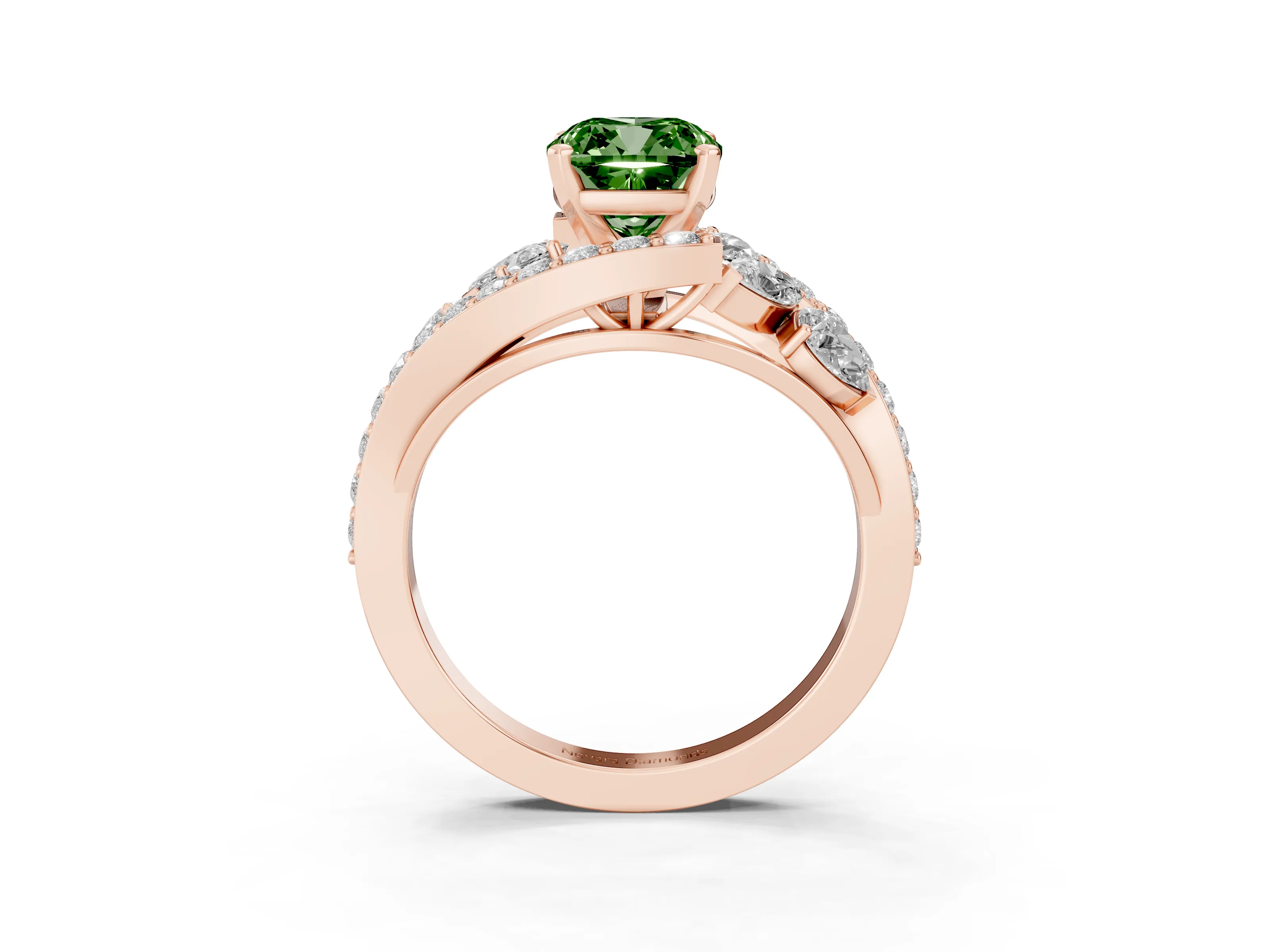 Fancy Green Cushion Cut Diamond Halo Ring Set in Rose gold with Marquise and Pavé Band in Prong Setting