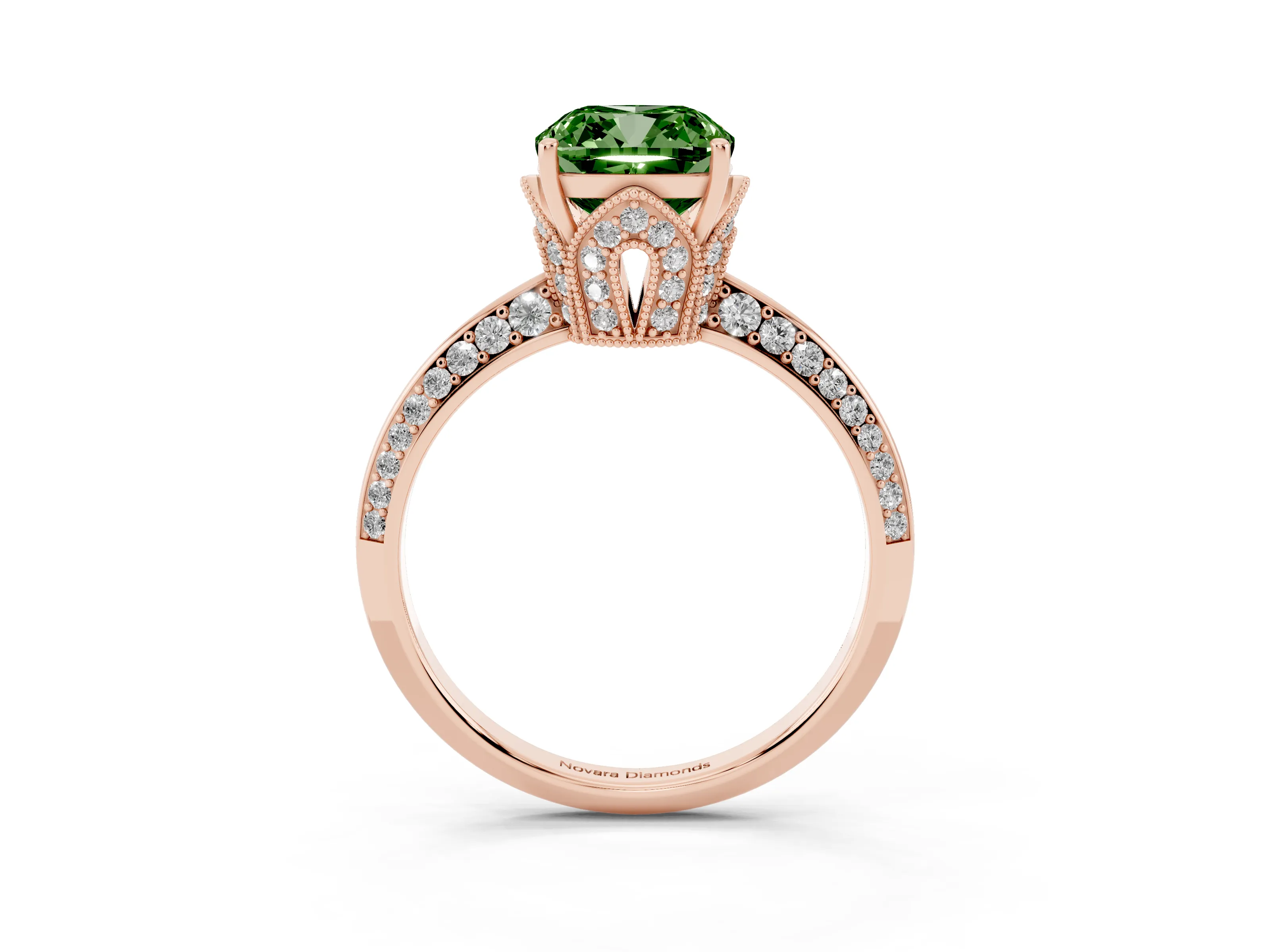Fancy Green Cushion Cut Diamond Solitaire Engagement Ring Set in Rose gold with Pavé Split Shank and Prong Setting
