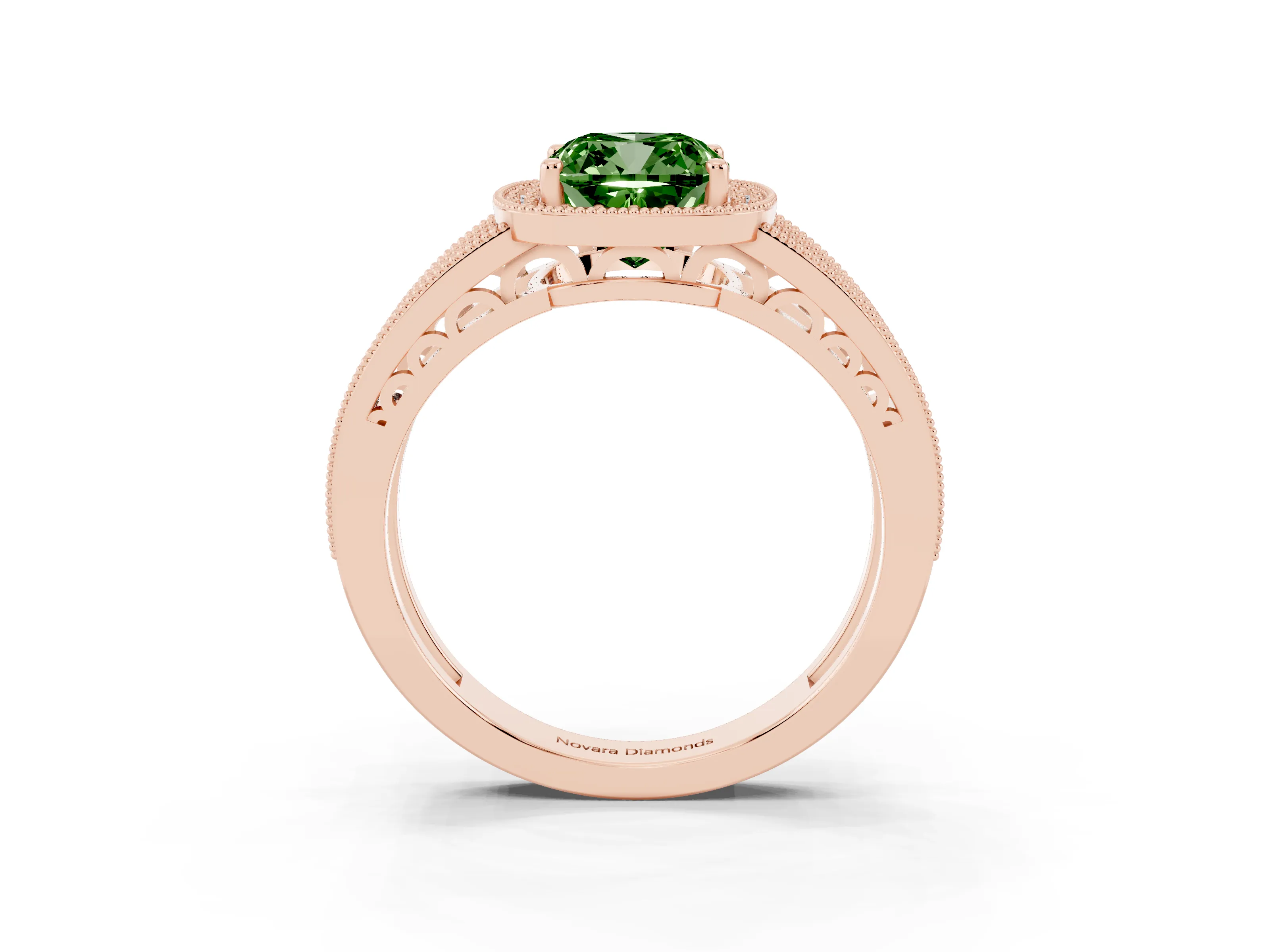 Fancy Green Cushion Cut Diamond Halo Ring Set in Rose gold with Accent Split Shank and Prong Setting