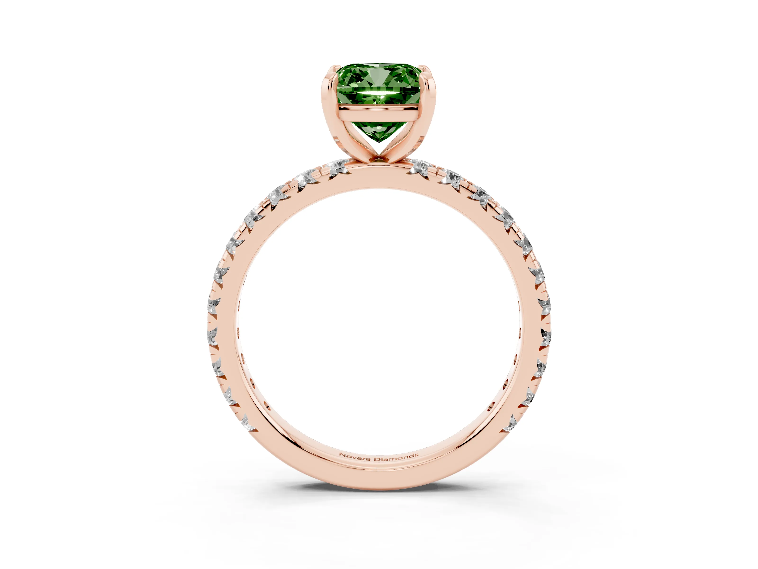 Fancy Green Cushion Cut Diamond Pavé Solitaire Ring Set in Rose gold with Round Band and Prong Setting