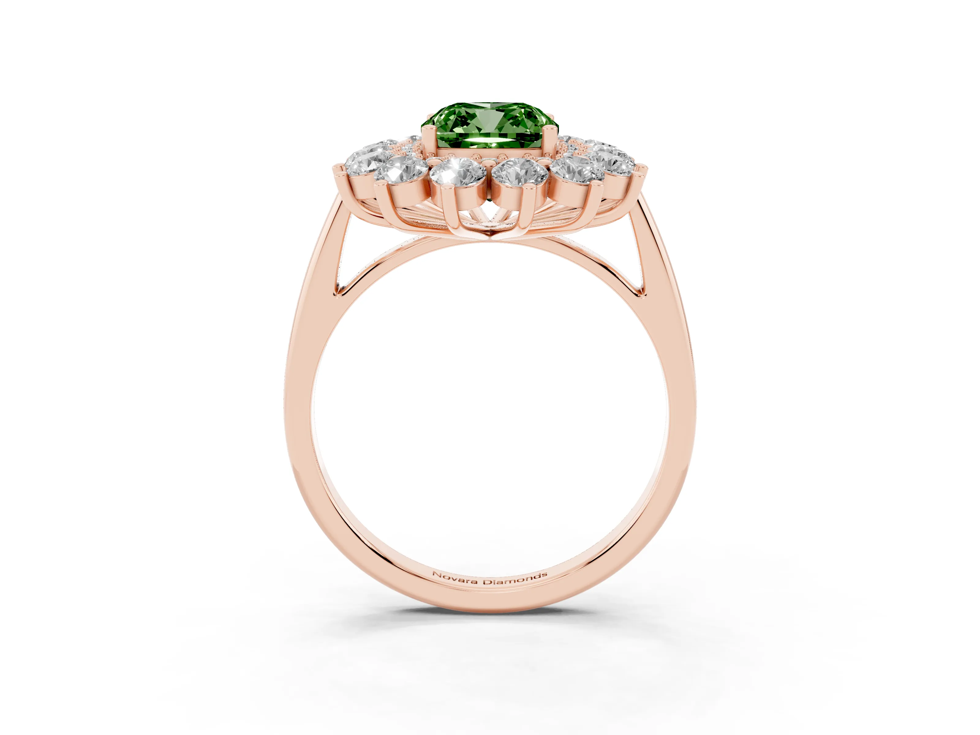 Fancy Green Cushion Cut Diamond Floral Double Halo Ring Set in Rose gold with Round Petals
