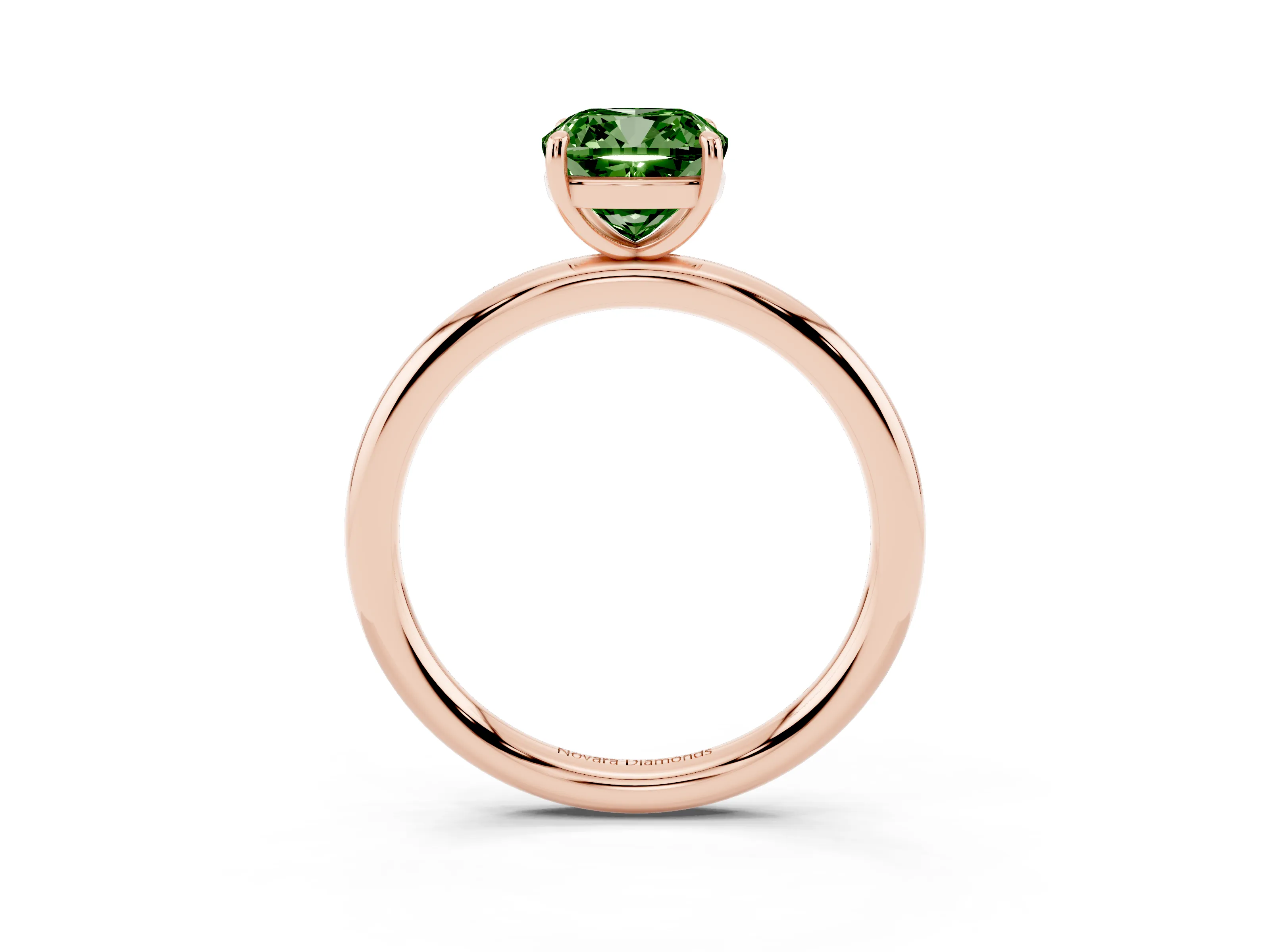 Fancy Green Cushion Cut Diamond Solitaire Ring Set in Rose gold with Prong Setting on a Polished Plain Band