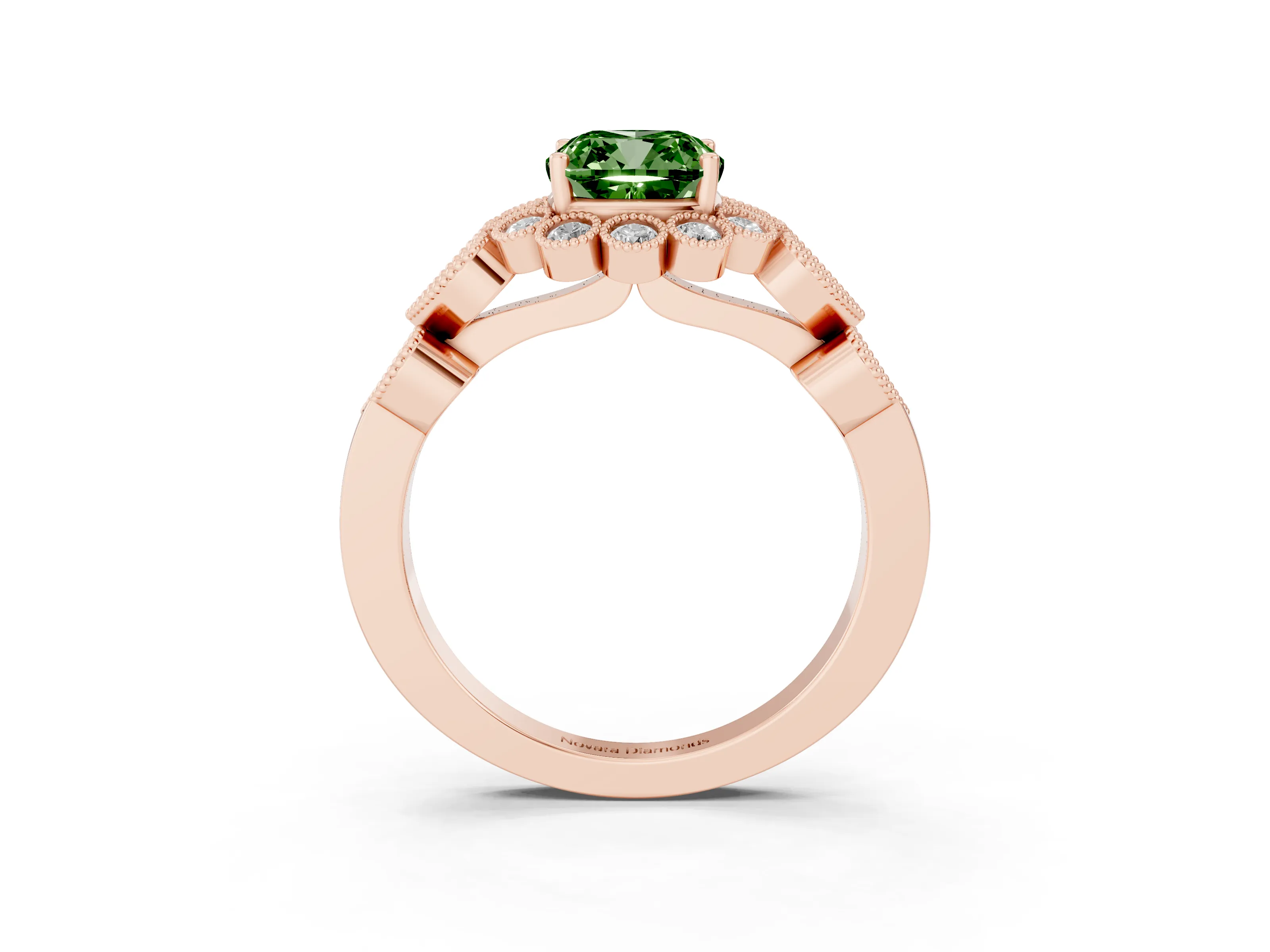 Fancy Green Cushion Cut Diamond Solitaire Ring Set in Rose gold with Milgrain Pavé Heart Band