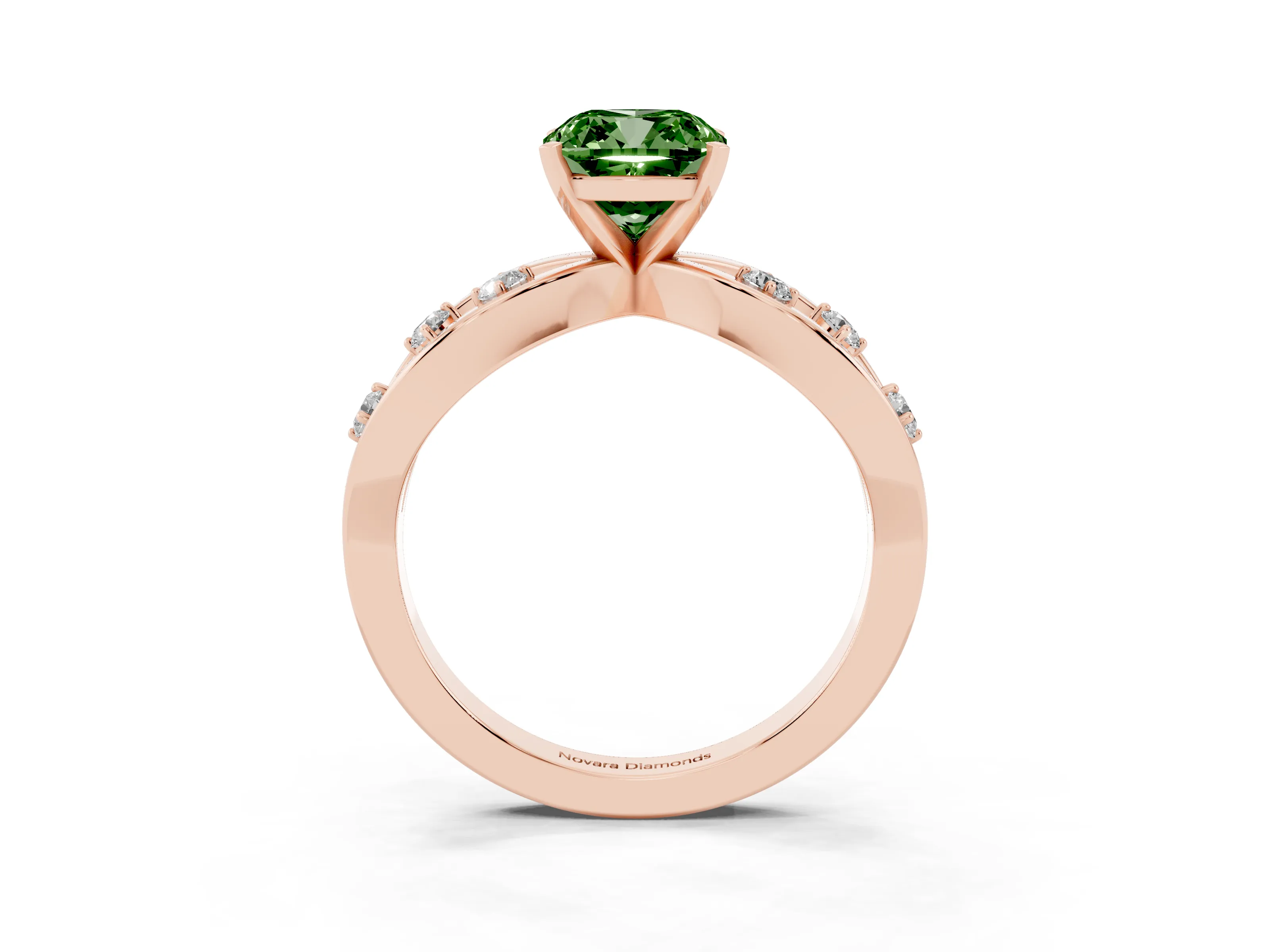 Fancy Green Cushion Cut Diamond Solitaire Ring Set in Rose gold with Side Stones on Criss-Cross Band and Prong Setting