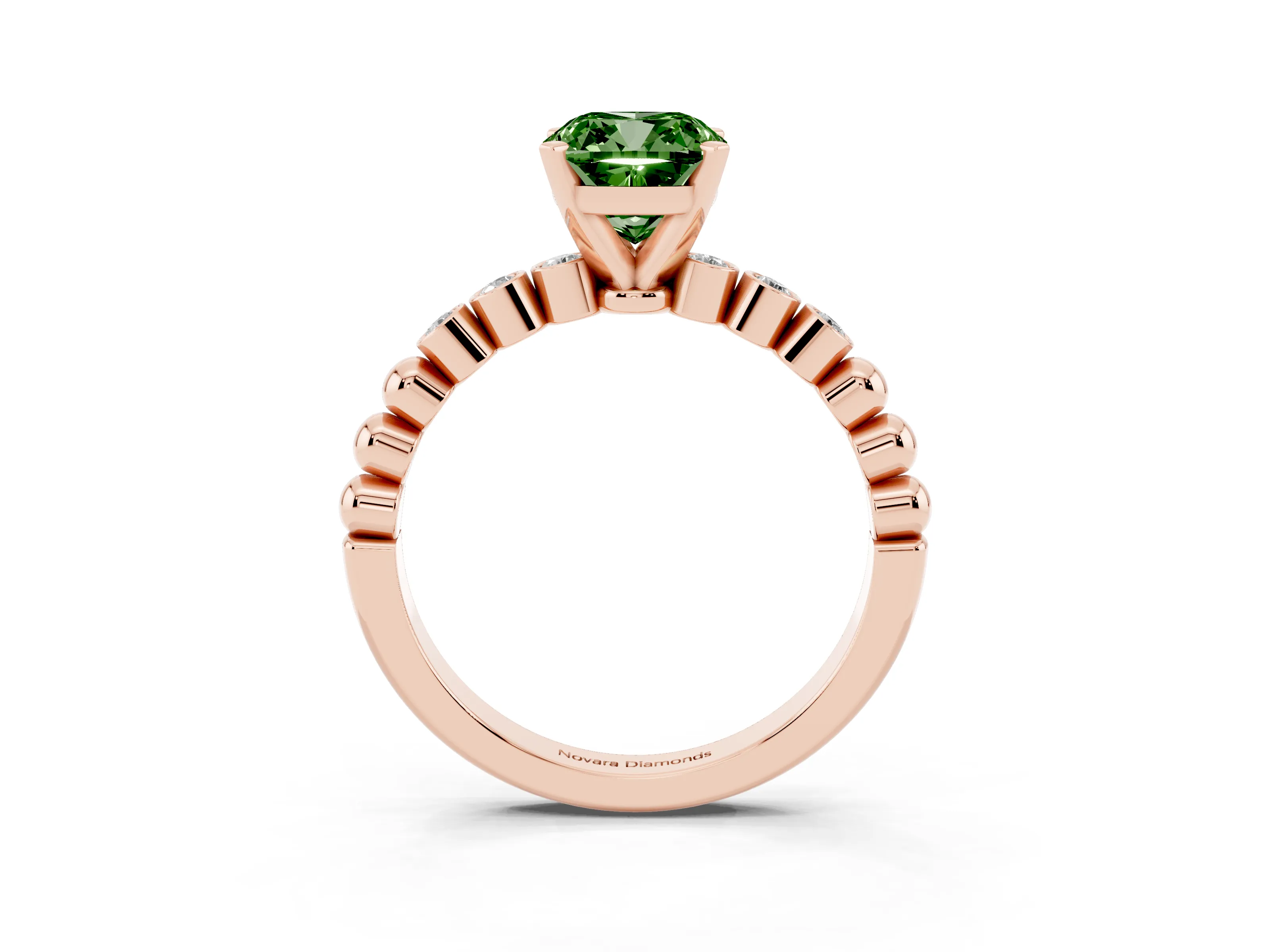 Fancy Green Cushion Cut Diamond Solitaire Engagement Ring Set in Rose gold with Bezel Accents on Beaded Band