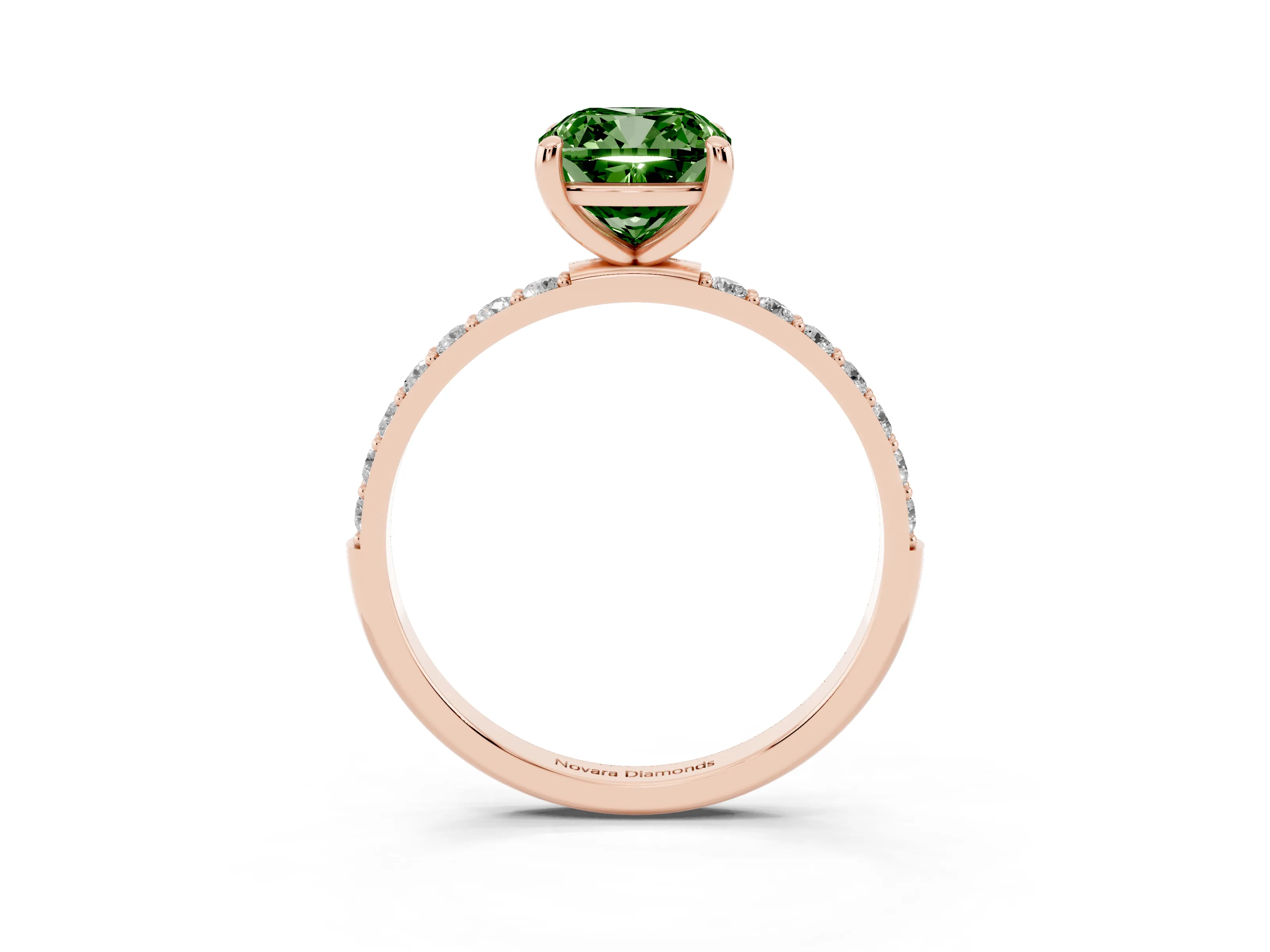 Fancy Green Cushion Cut Diamond Solitaire Ring Set in Rose gold with Round Pavé Band and Prong Setting