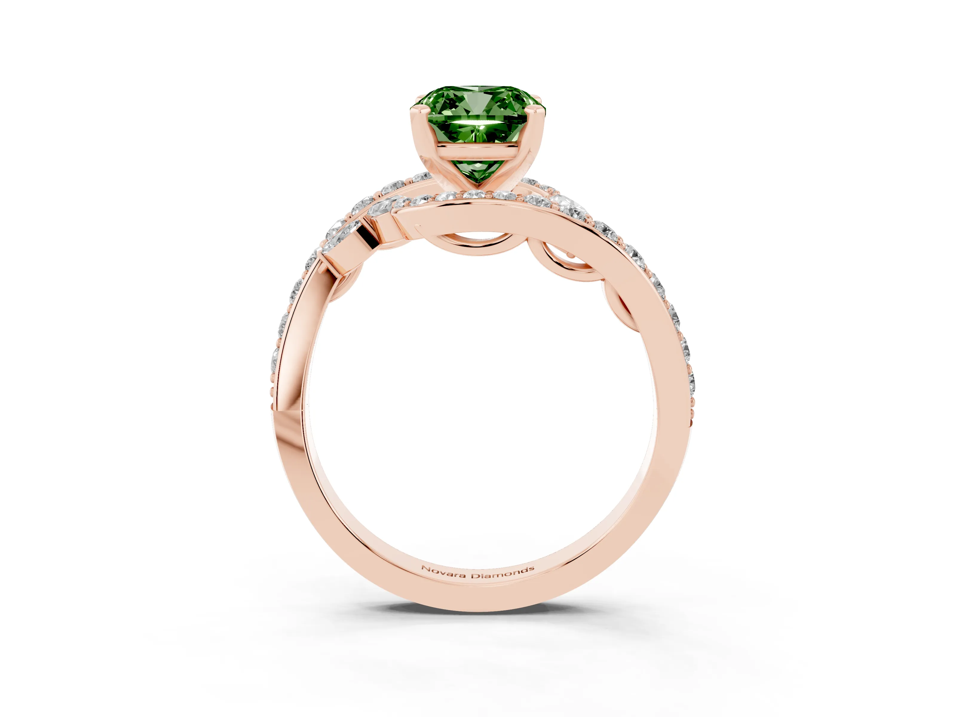 Fancy Green Cushion Cut Diamond Solitaire Ring Set in Rose gold with Pavé Twist Band and Secure Prong Setting