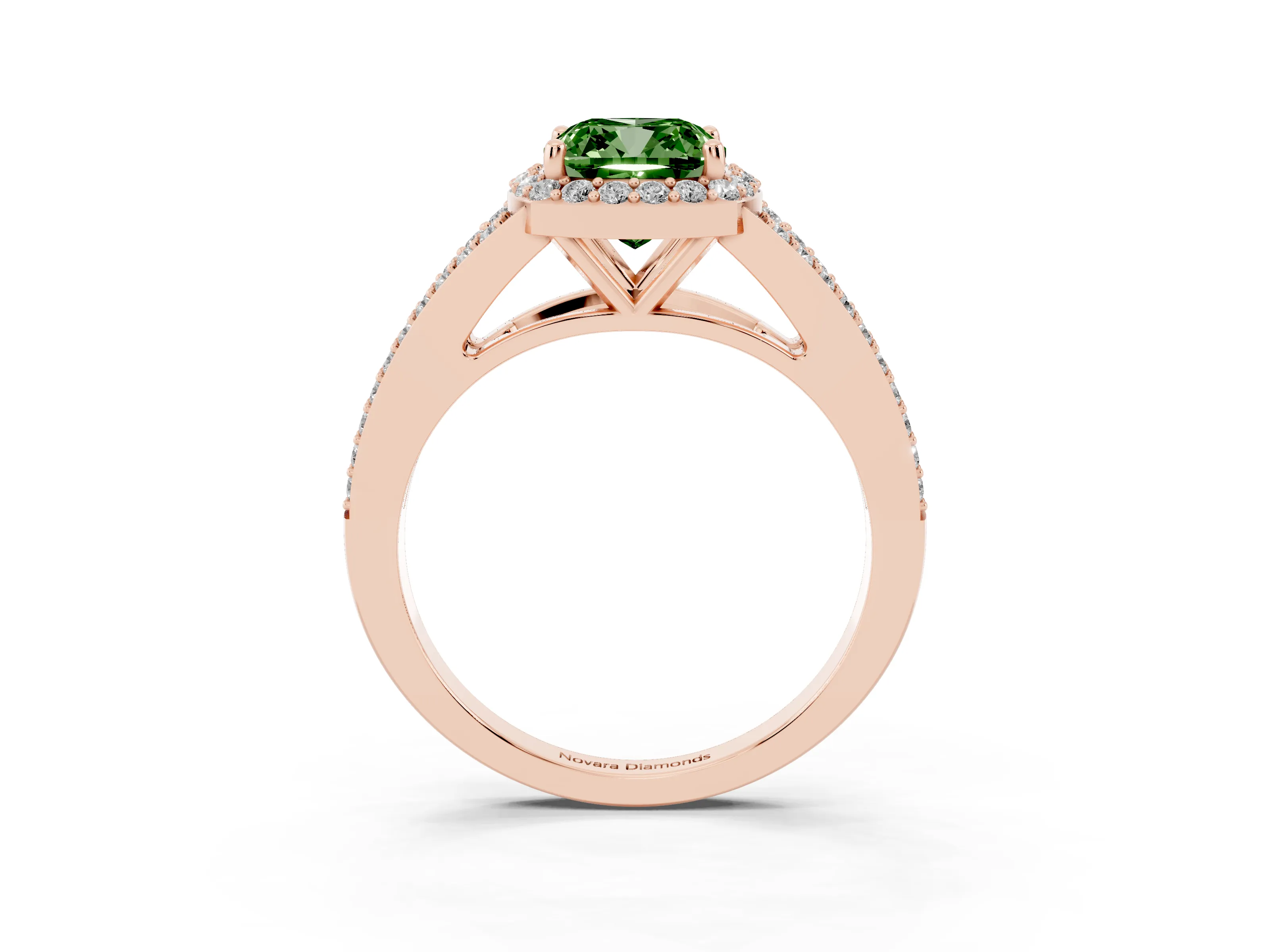 Fancy Green Cushion Cut Diamond Halo Split Shank Ring Set in Rose gold with Accent Stones and Prong Setting