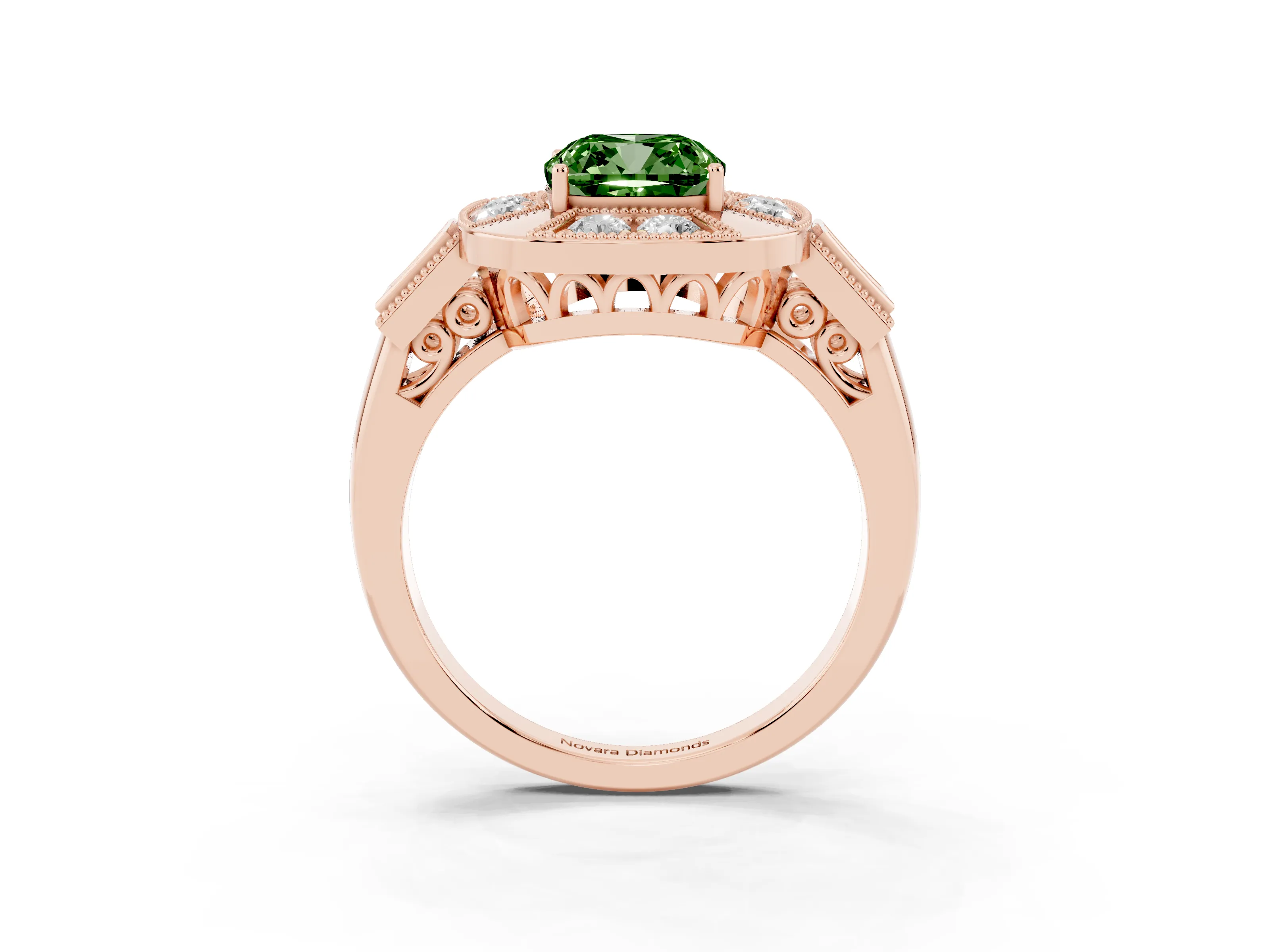 Fancy Green Cushion Cut Diamond Milgrain Halo Ring Set in Rose gold with Split Shank