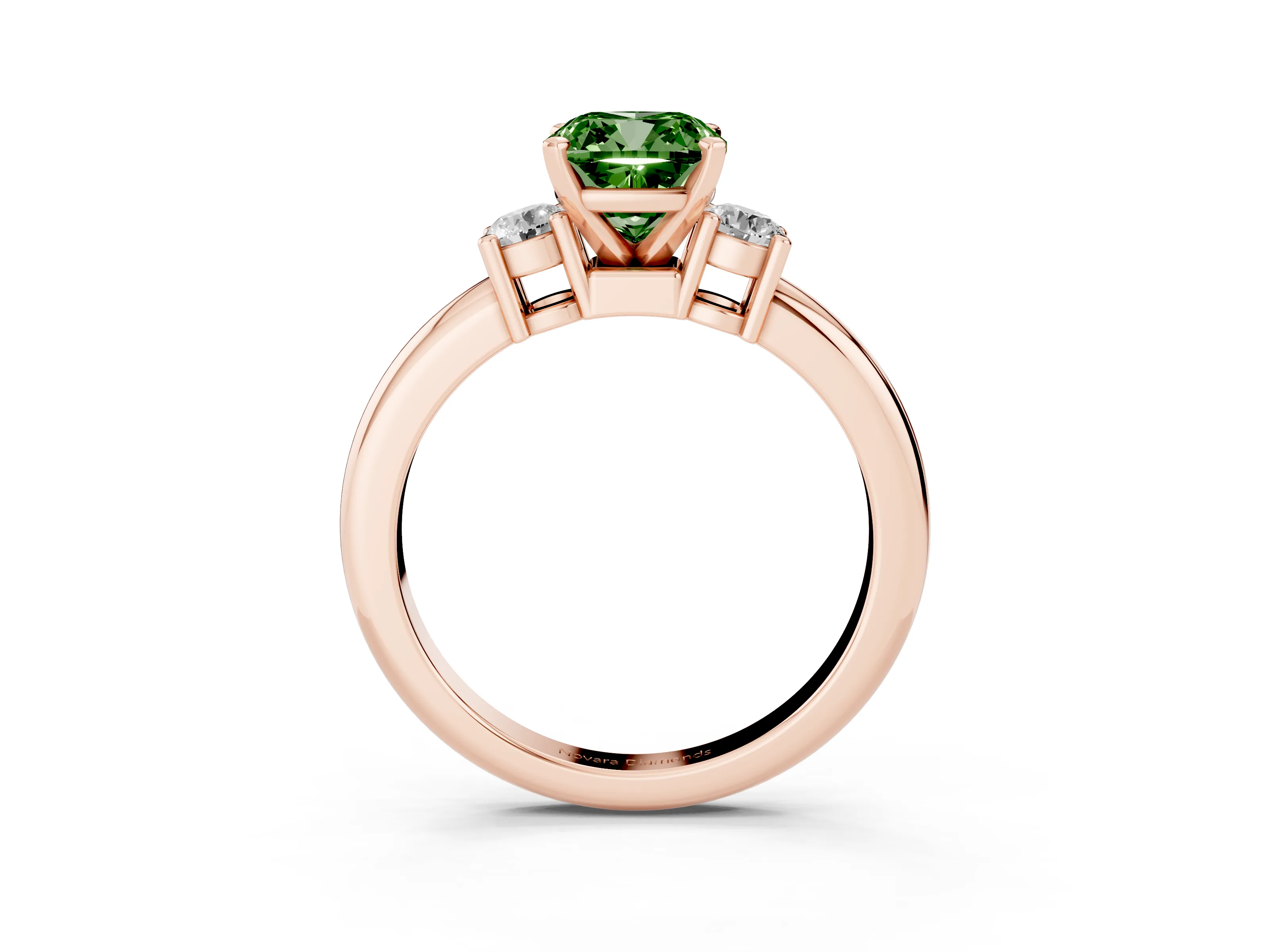 Fancy Green Three-Stone Cushion Cut Diamond Ring Set in Rose gold with Prong Setting and Plain Band