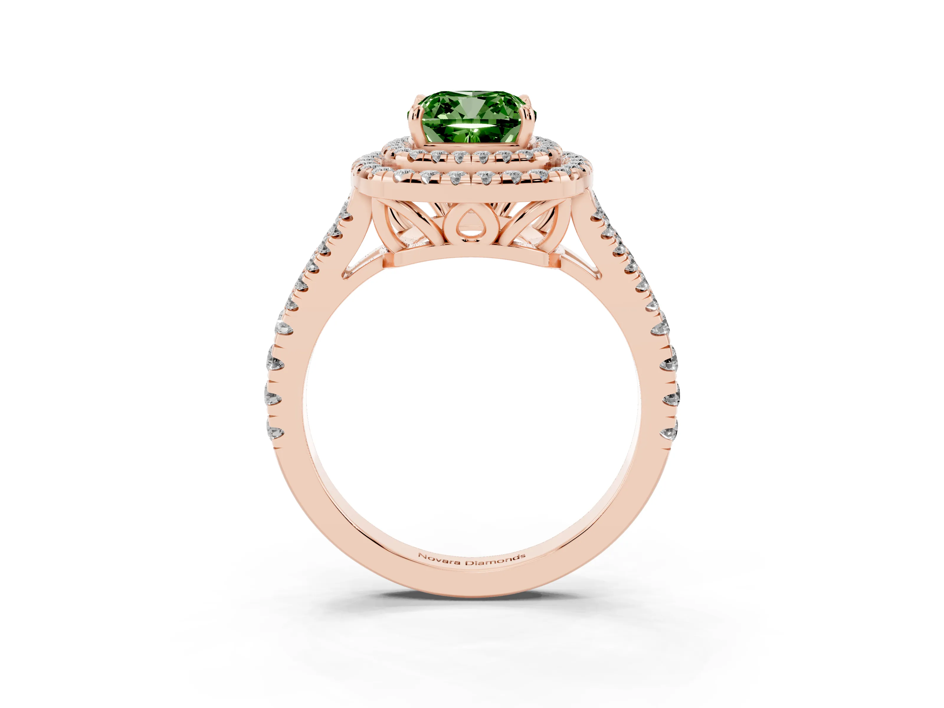 Fancy Green Cushion Cut Diamond Double Halo Ring Set in Rose gold with Pavé Band