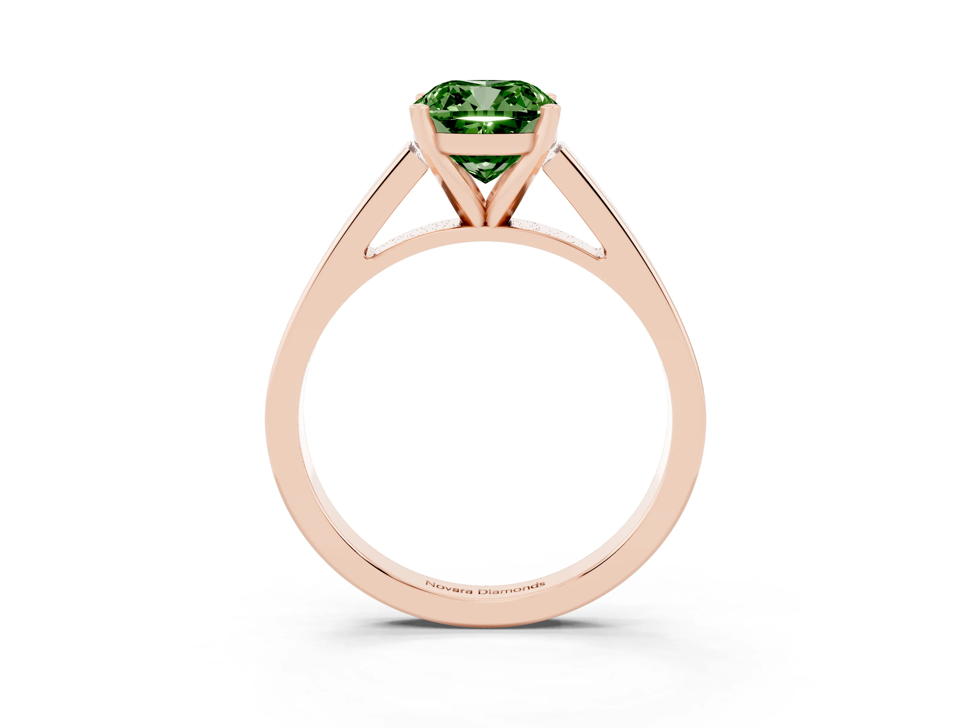Fancy Green Cushion Cut Diamond Solitaire Engagement Ring Set in Rose gold with Prong Setting and Tapered Band