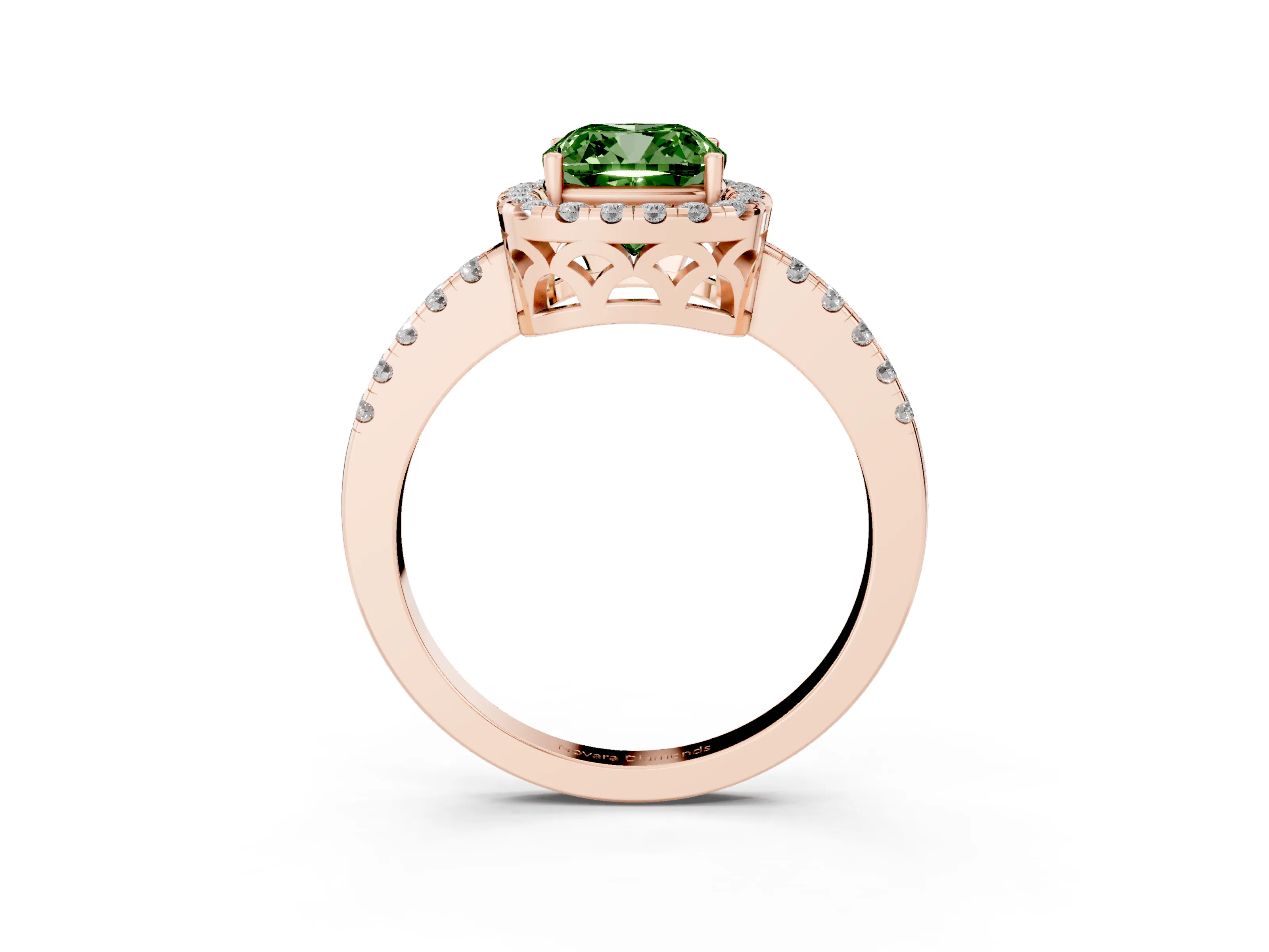 Fancy Green Cushion Cut Diamond Pavé Band Halo Engagement Ring Set in Rose gold with Prong Setting