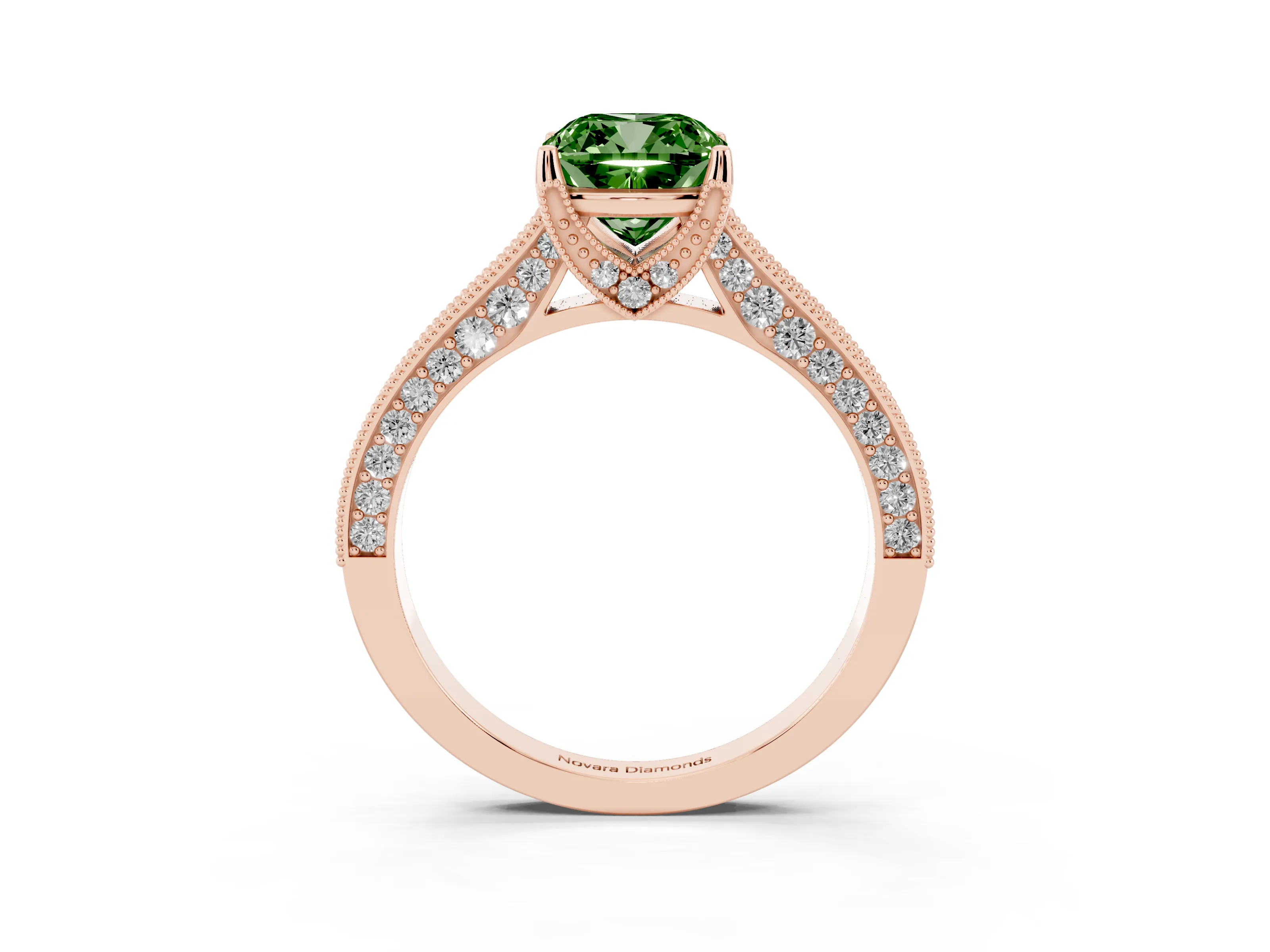 Fancy Green Cushion Cut Diamond Solitaire Ring Set in Rose gold with Milgrain-Edged Pavé Band and Prong Setting