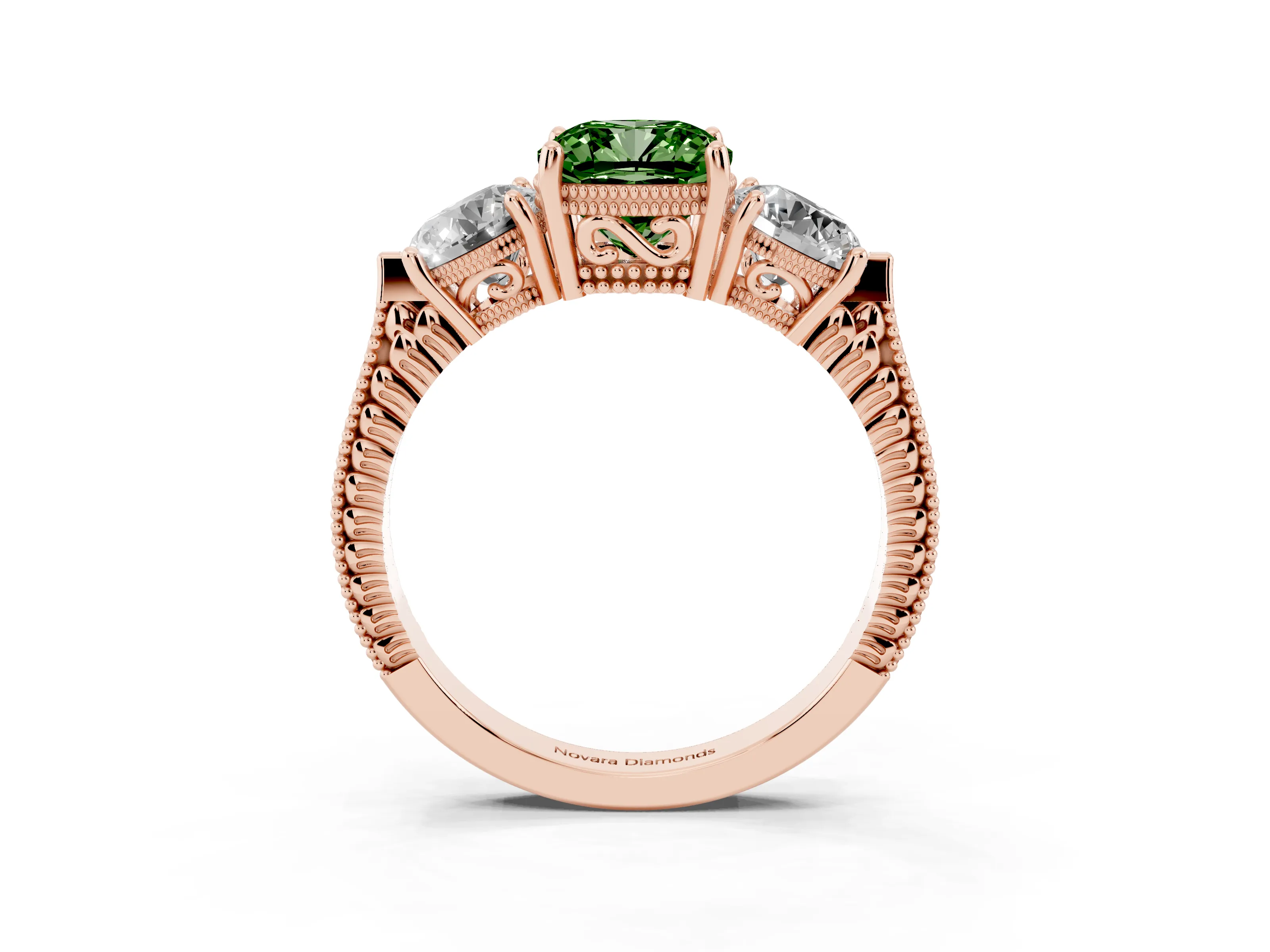 Fancy Green Cushion Cut Diamond Three-Stone Ring Set in Rose gold with Milgrain Band