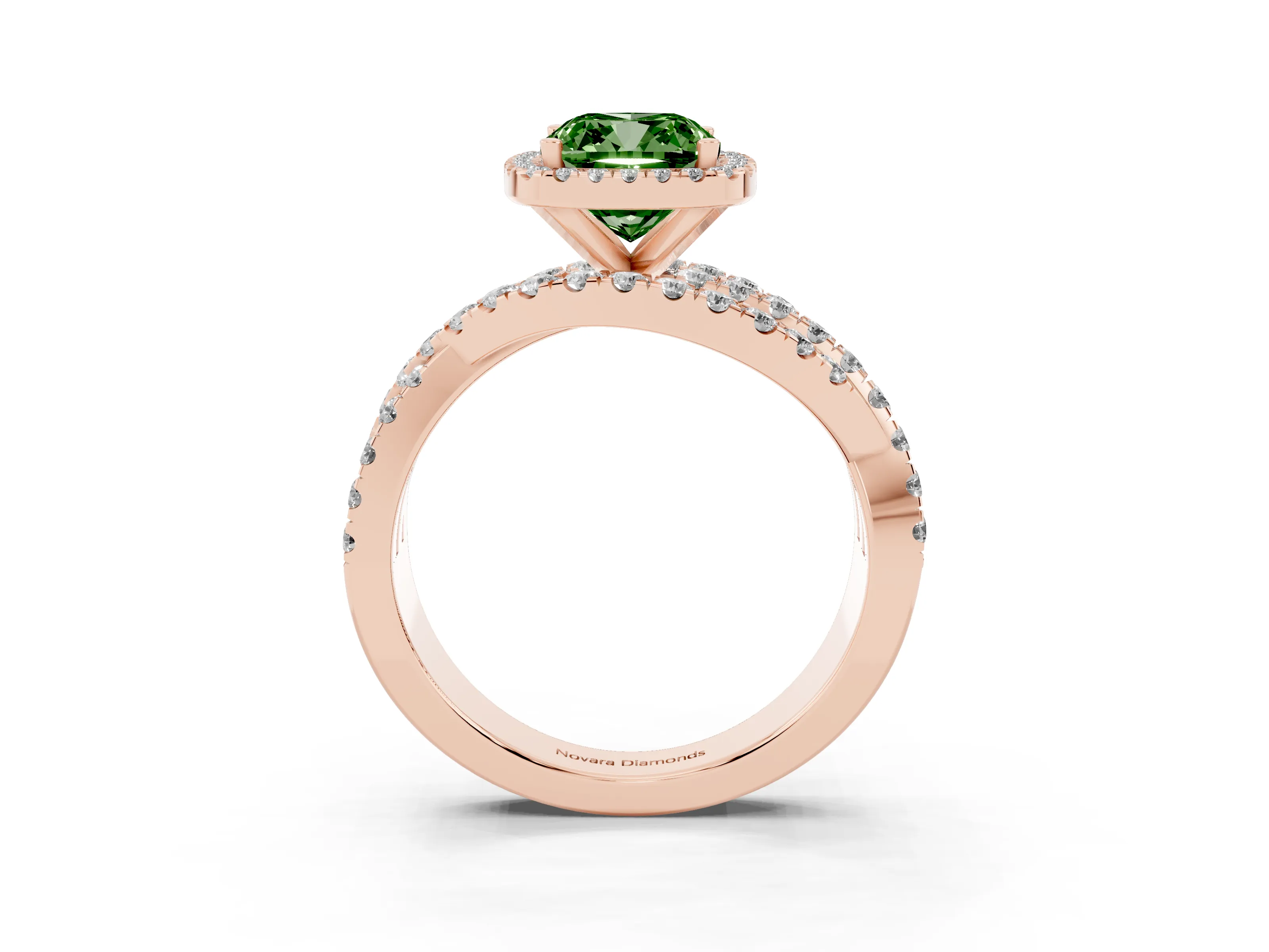 Fancy Green Cushion Cut Diamond Halo Ring Set in Rose gold with Round Crossover Split Shank and Prong Setting