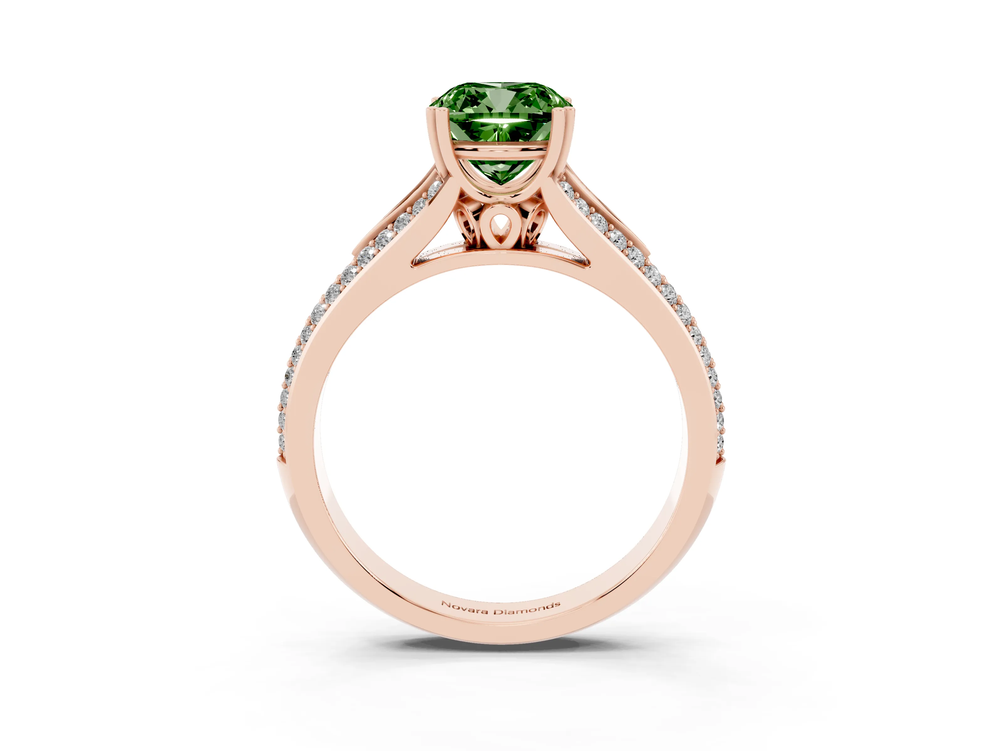 Fancy Green Cushion Cut Diamond Split Shank Pavé Engagement Ring Set in Rose gold with Prong-Set Center Stone