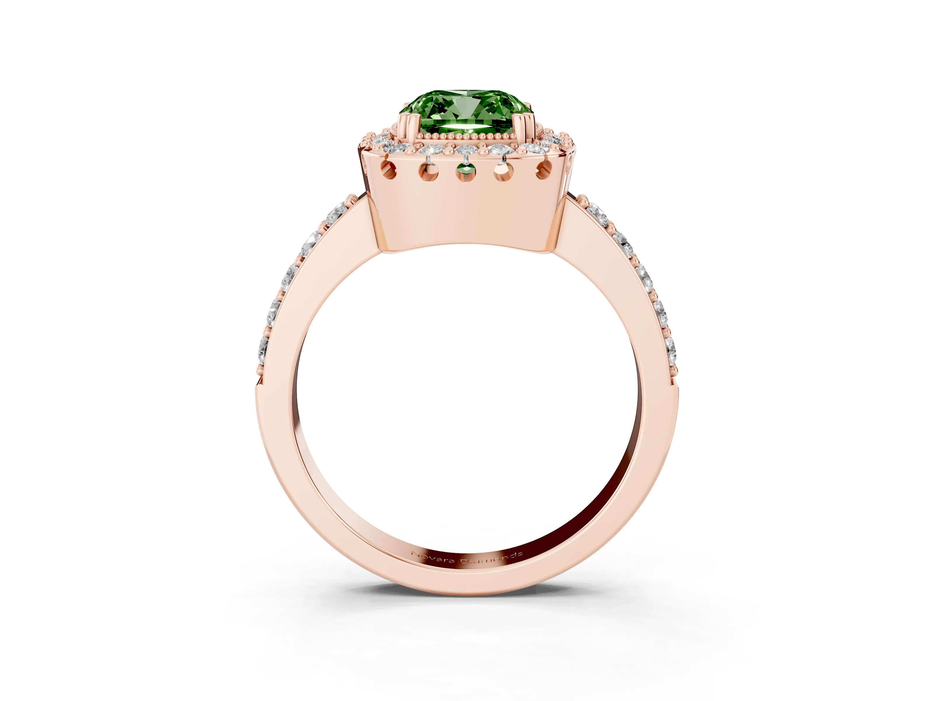 Fancy Green Cushion Cut Diamond Halo Ring Set in Rose gold with Pavé Shank and Prong Setting