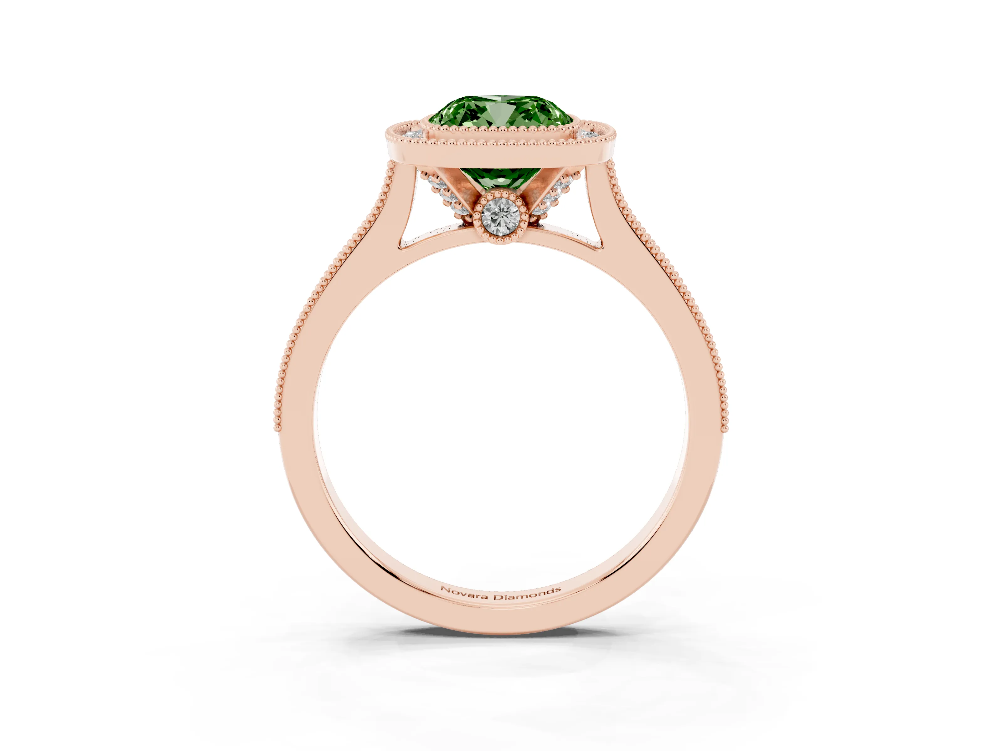 Fancy Green Cushion Cut Diamond Halo Milgrain Pavé Band Ring Set in Rose gold with Prong Setting